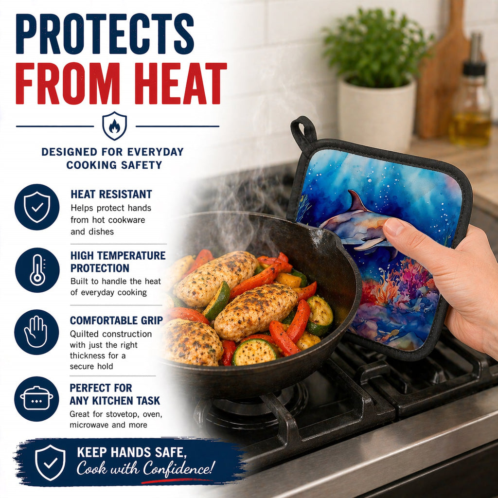 Dolphin Pot Holder Set of 2 Heat Resistant Quilted Hot Pads 7.5 x 7.5 Inch, Insulated Kitchen Trivets for Cooking & Baking