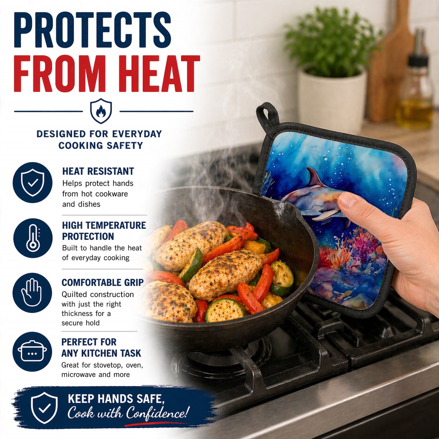 Dolphin Pot Holder Set of 2 Heat Resistant Quilted Hot Pads 7.5 x 7.5 Inch, Insulated Kitchen Trivets for Cooking & Baking
