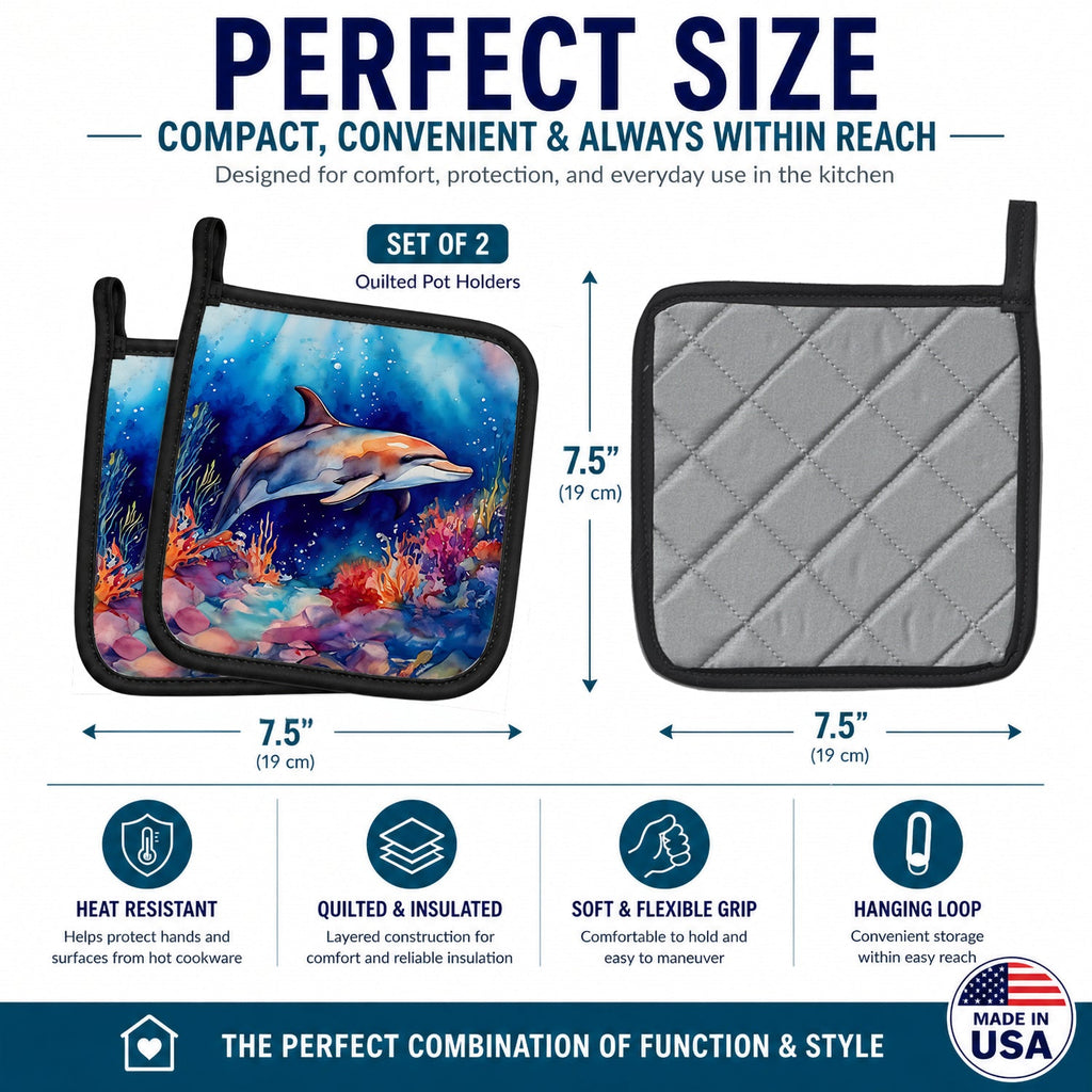 Dolphin Pot Holder Set of 2 Heat Resistant Quilted Hot Pads 7.5 x 7.5 Inch, Insulated Kitchen Trivets for Cooking & Baking