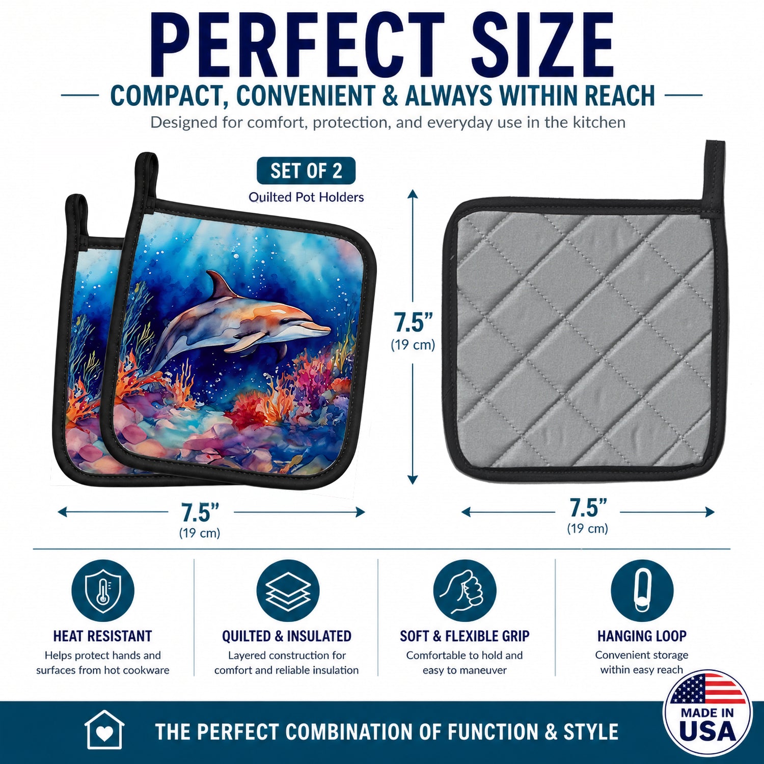 Dolphin Pot Holder Set of 2 Heat Resistant Quilted Hot Pads 7.5 x 7.5 Inch, Insulated Kitchen Trivets for Cooking & Baking