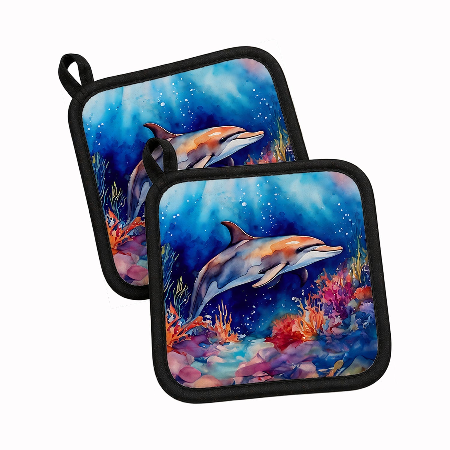 Dolphin Pot Holder Set of 2 Heat Resistant Quilted Hot Pads 7.5 x 7.5 Inch, Insulated Kitchen Trivets for Cooking & Baking