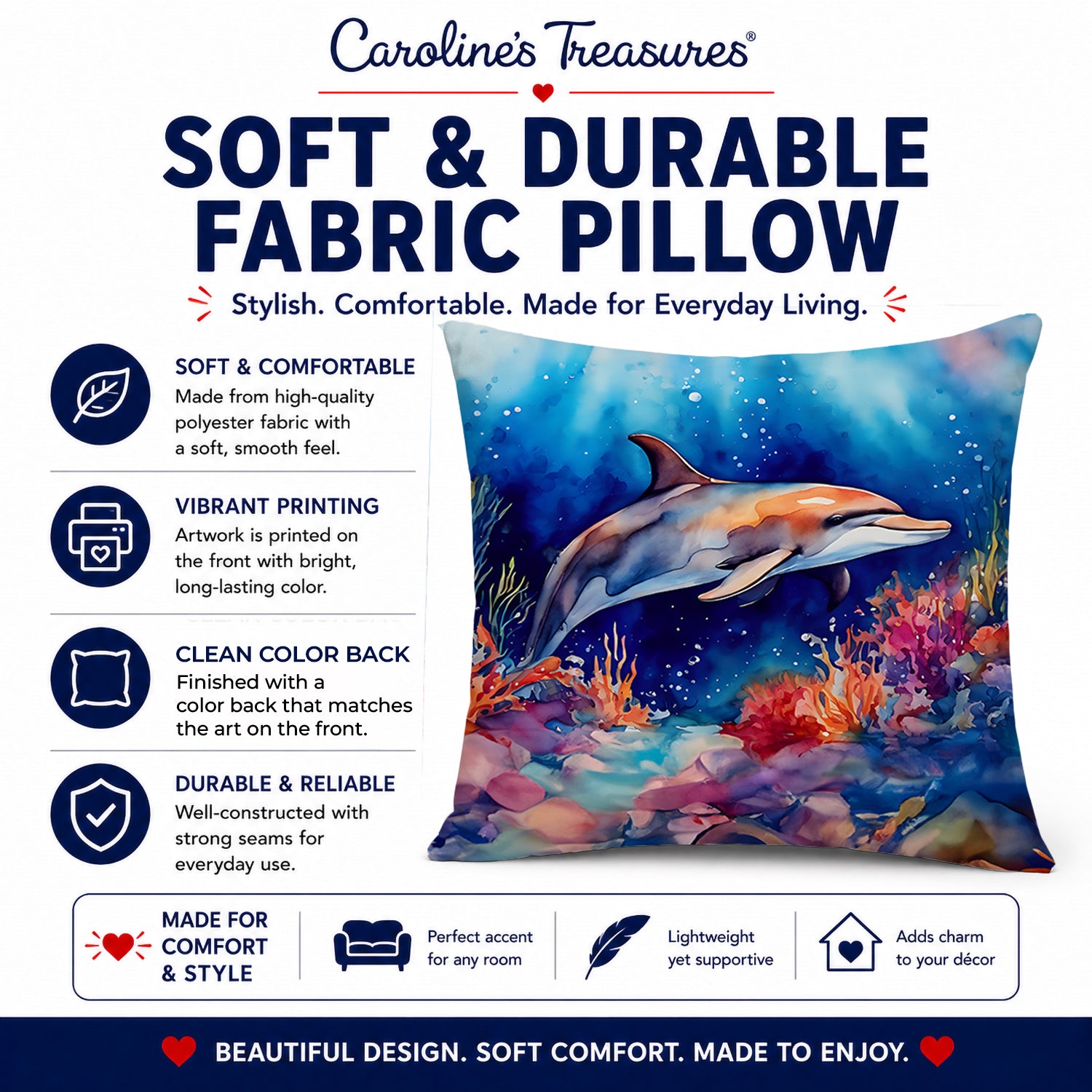 Dolphin Decorative Throw Pillow 14x14 Indoor Outdoor Accent Cushion, Fabric Cover with Insert for Sofa, Bed, Porch & Living Room