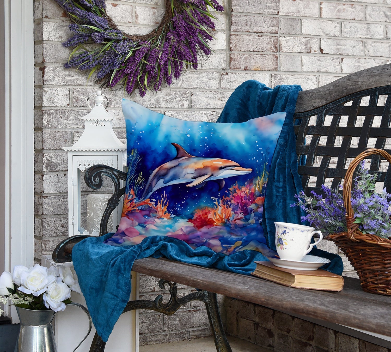 Dolphin Decorative Throw Pillow 18x18 Indoor Outdoor Accent Cushion, Fabric Cover with Insert for Sofa, Bed, Porch & Living Room