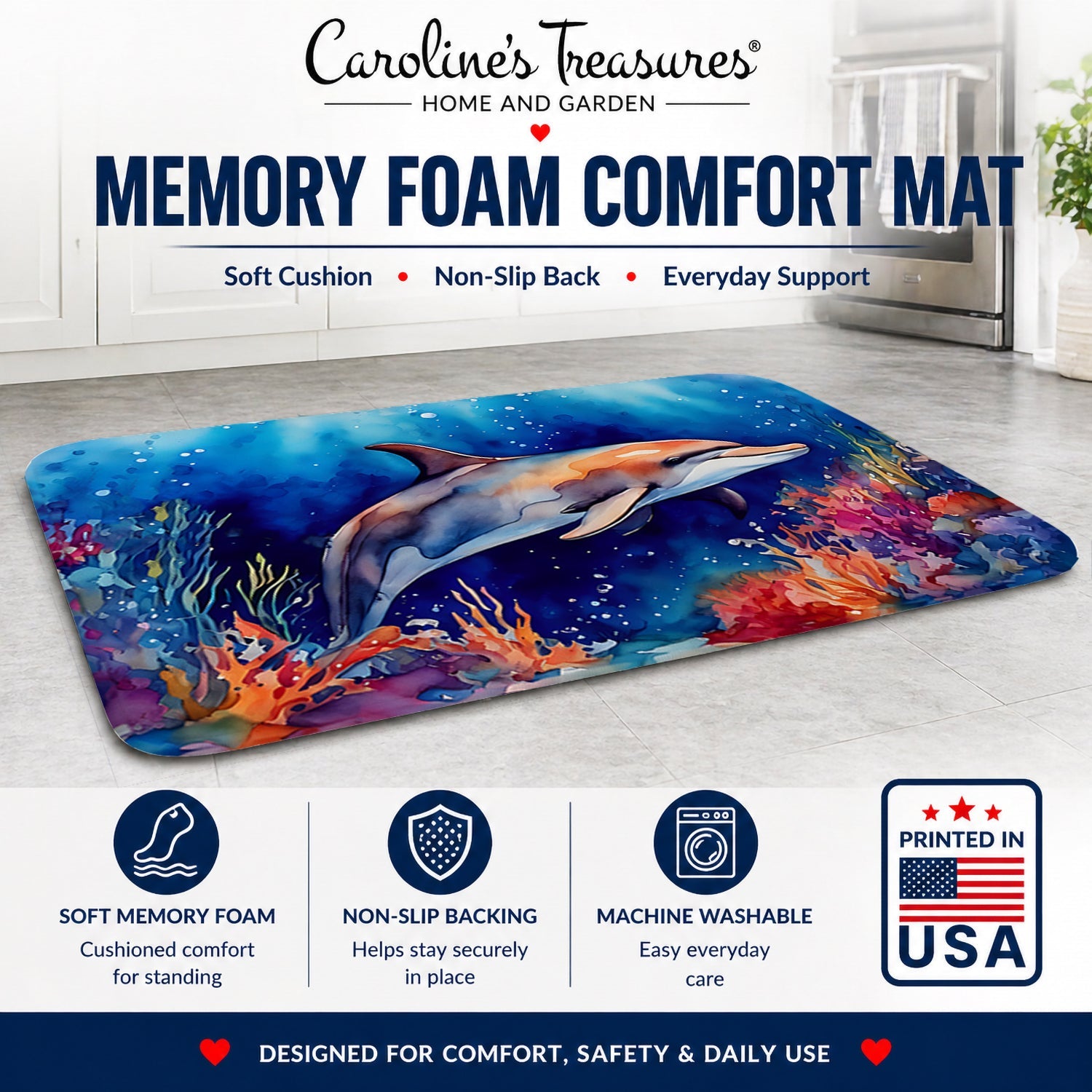Dolphin Memory Foam Kitchen Mat Machine Washable Anti-Fatigue Cushion Comfort Bath or Kitchen Rug