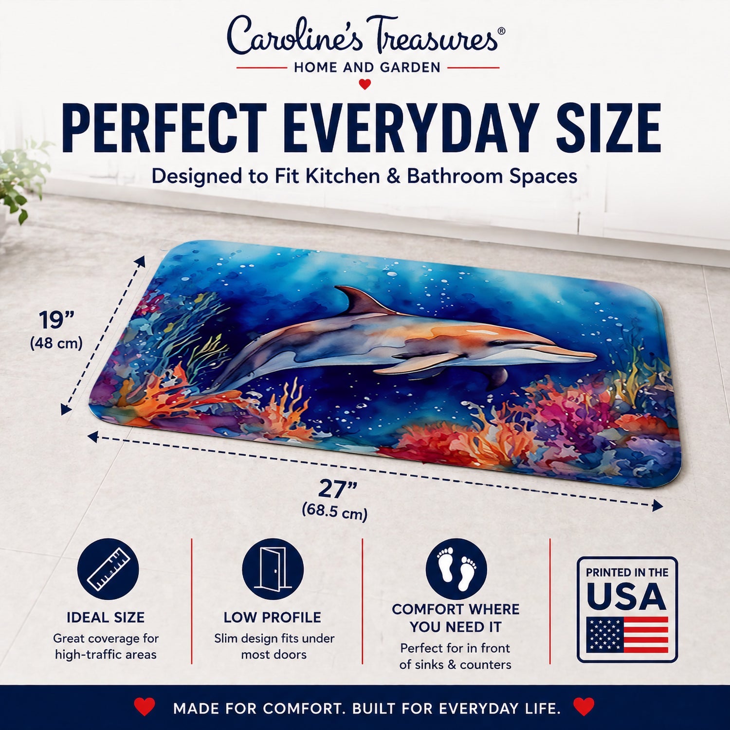 Dolphin Memory Foam Kitchen Mat Machine Washable Anti-Fatigue Cushion Comfort Bath or Kitchen Rug