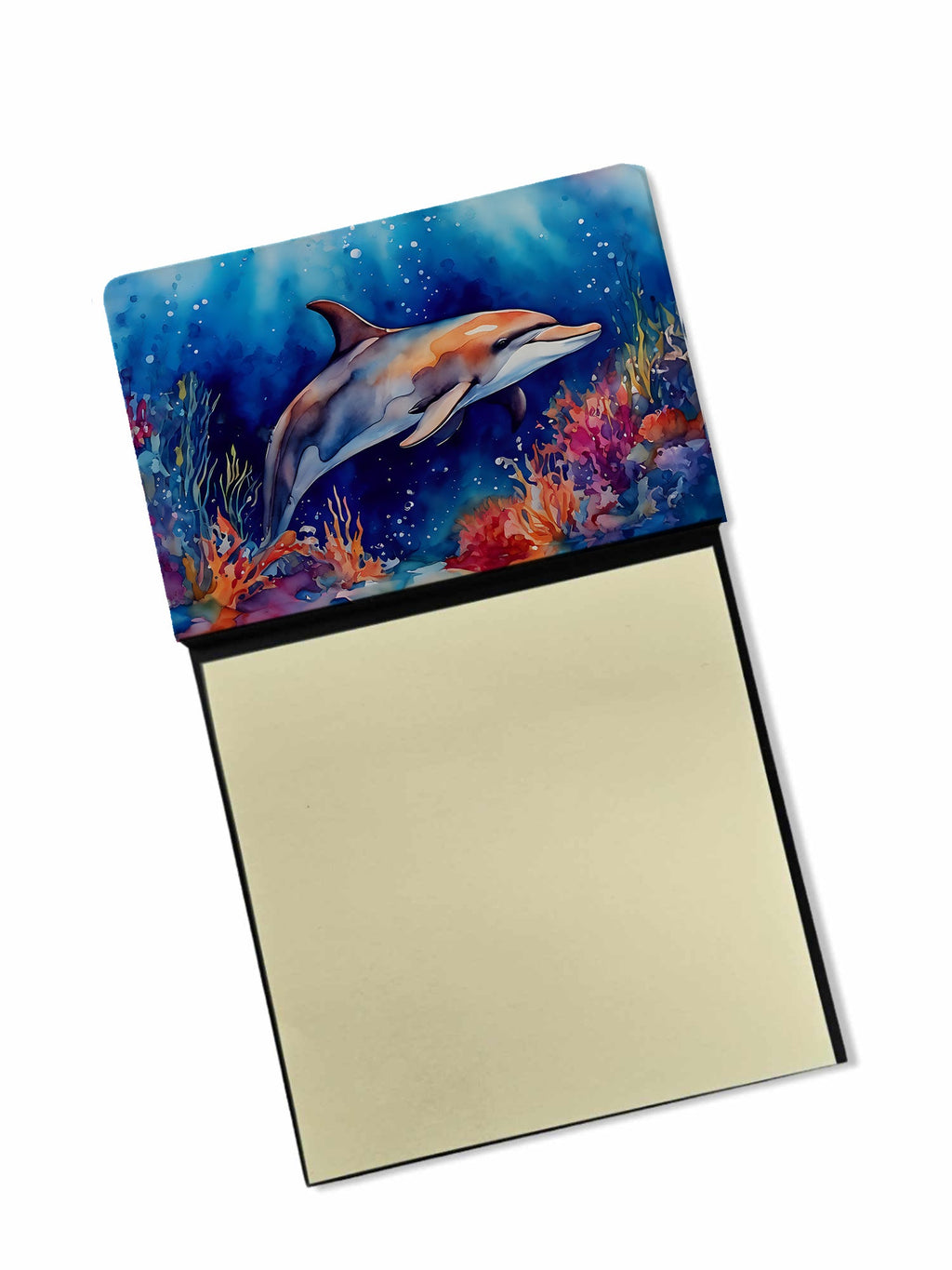 Dolphin Watercolor Sticky Note Holder Refillable Dispenser Desk Accessory 3x3 Pad Gift