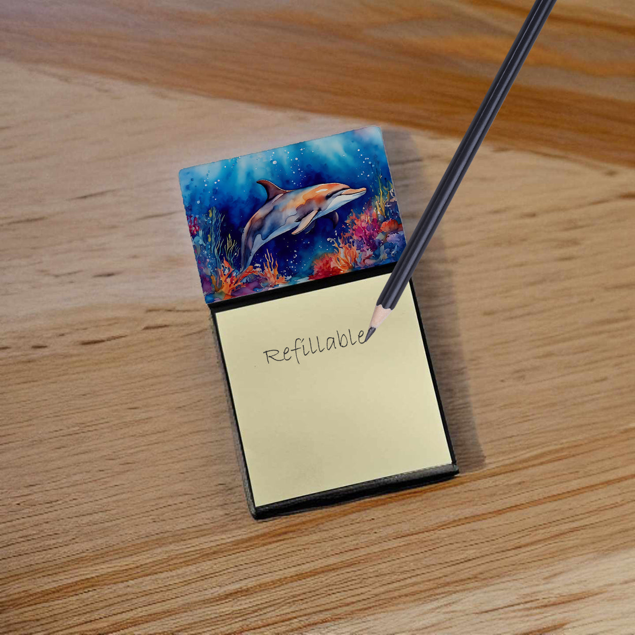 Dolphin Watercolor Sticky Note Holder Refillable Dispenser Desk Accessory 3x3 Pad Gift