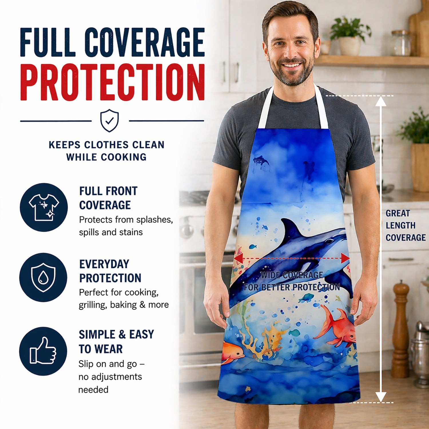 Dolphin Apron Cooking Kitchen Server Baking Crafts Gardening for Adult Women Men, Unisex, Large, Multicolor