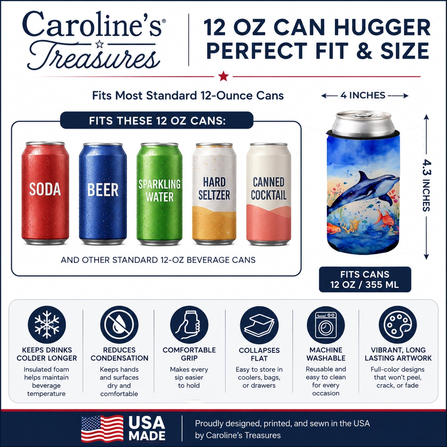 Dolphin Can or Bottle Hugger Cooler Sleeve for Standard 12 oz Cans, Insulated Foam Beer & Soda Can Hugger Reusable