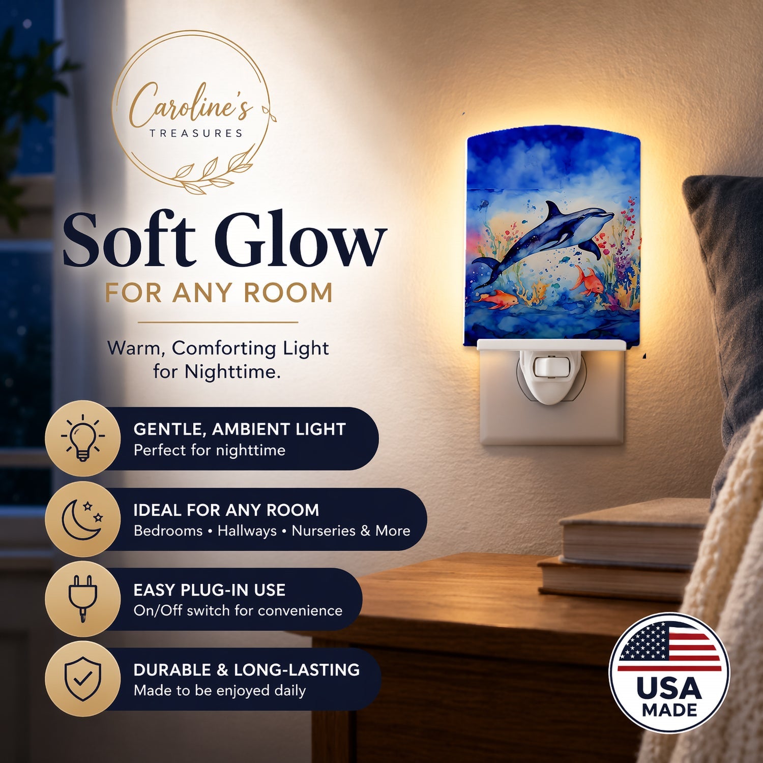 Dolphin Ceramic Night Light Compact, UL-Certified, Ideal for Bedroom, Bathroom, Nursery, Hallway, Kitchen, 6x4x3, Multicolor