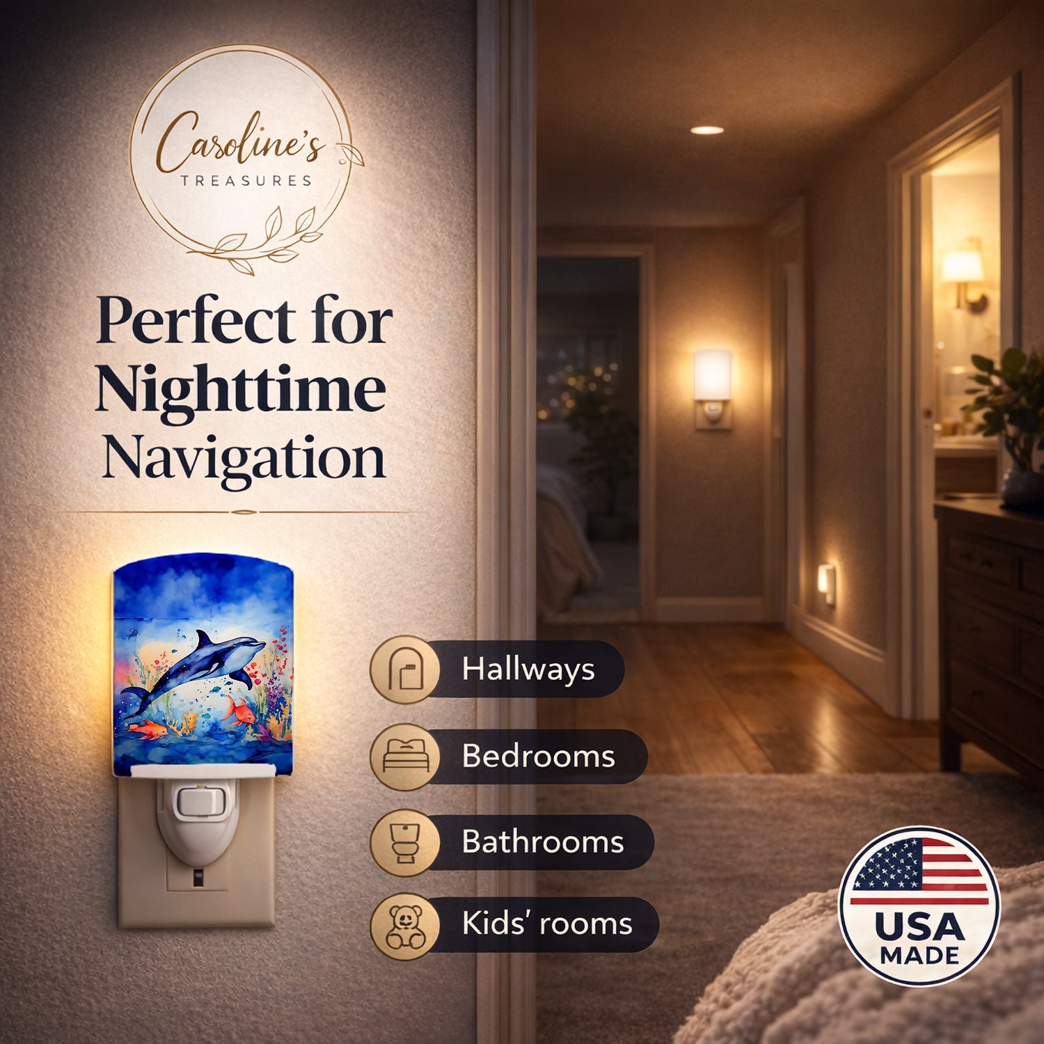 Dolphin Ceramic Night Light Compact, UL-Certified, Ideal for Bedroom, Bathroom, Nursery, Hallway, Kitchen, 6x4x3, Multicolor