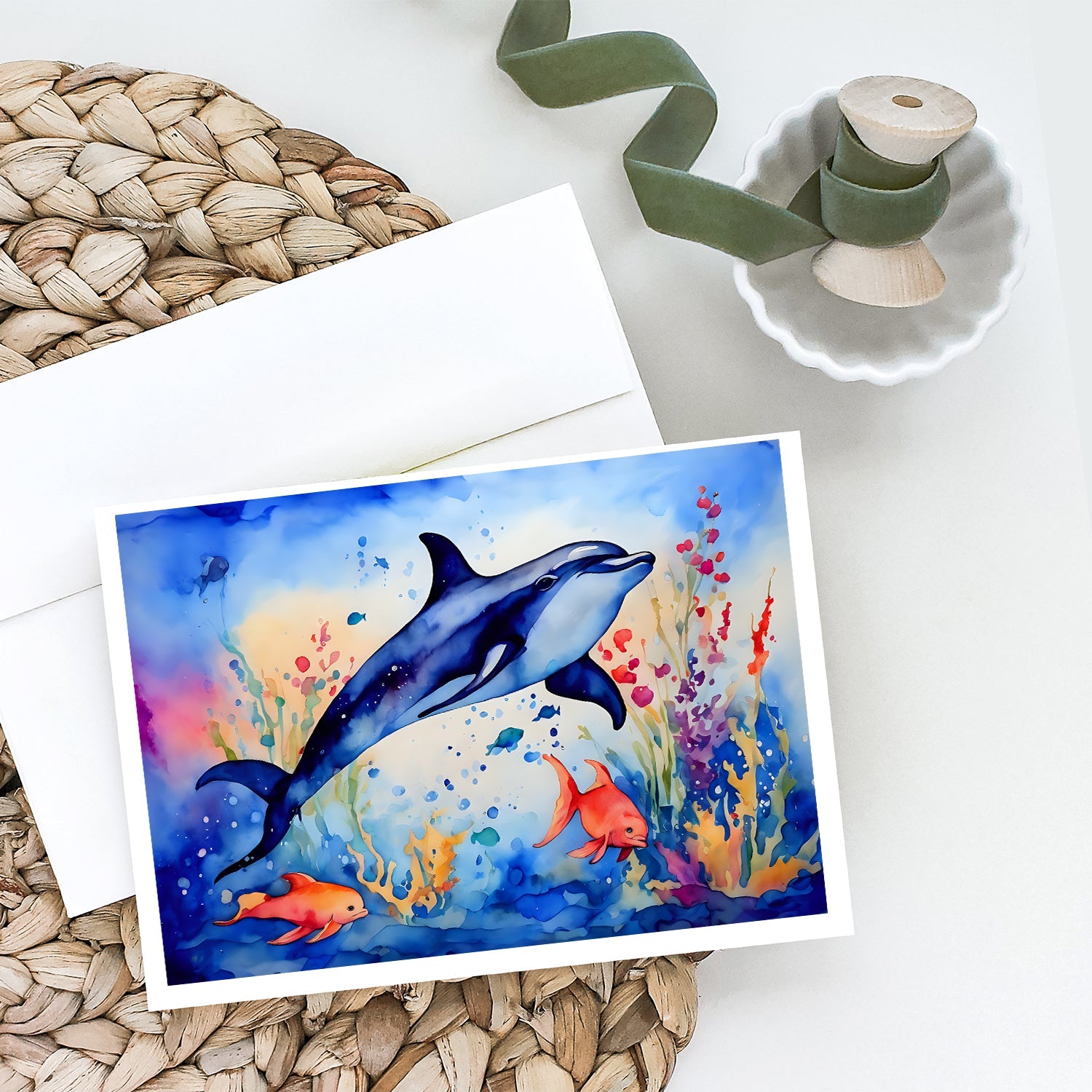 Dolphin Greeting Cards Pack of 8 Blank Cards with Envelopes Whimsical A7 Size 5x7