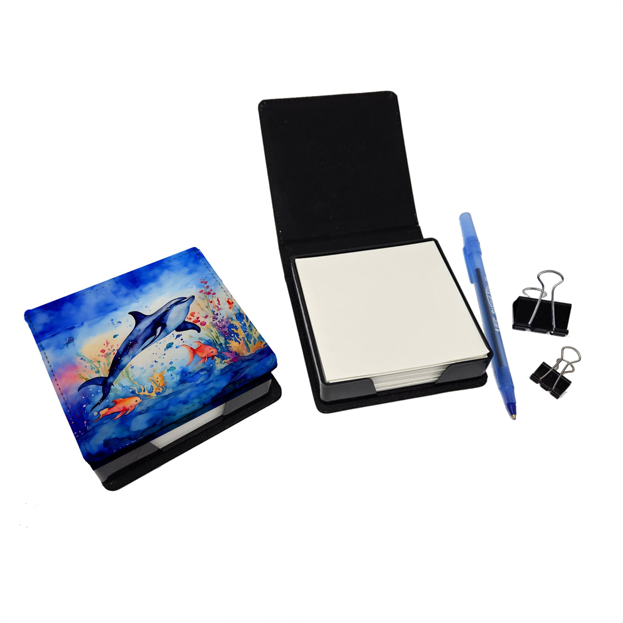 Dolphin PU Leather Note Paper Holder with Artist-Designed Cover, Desk Accessory, Office Gift