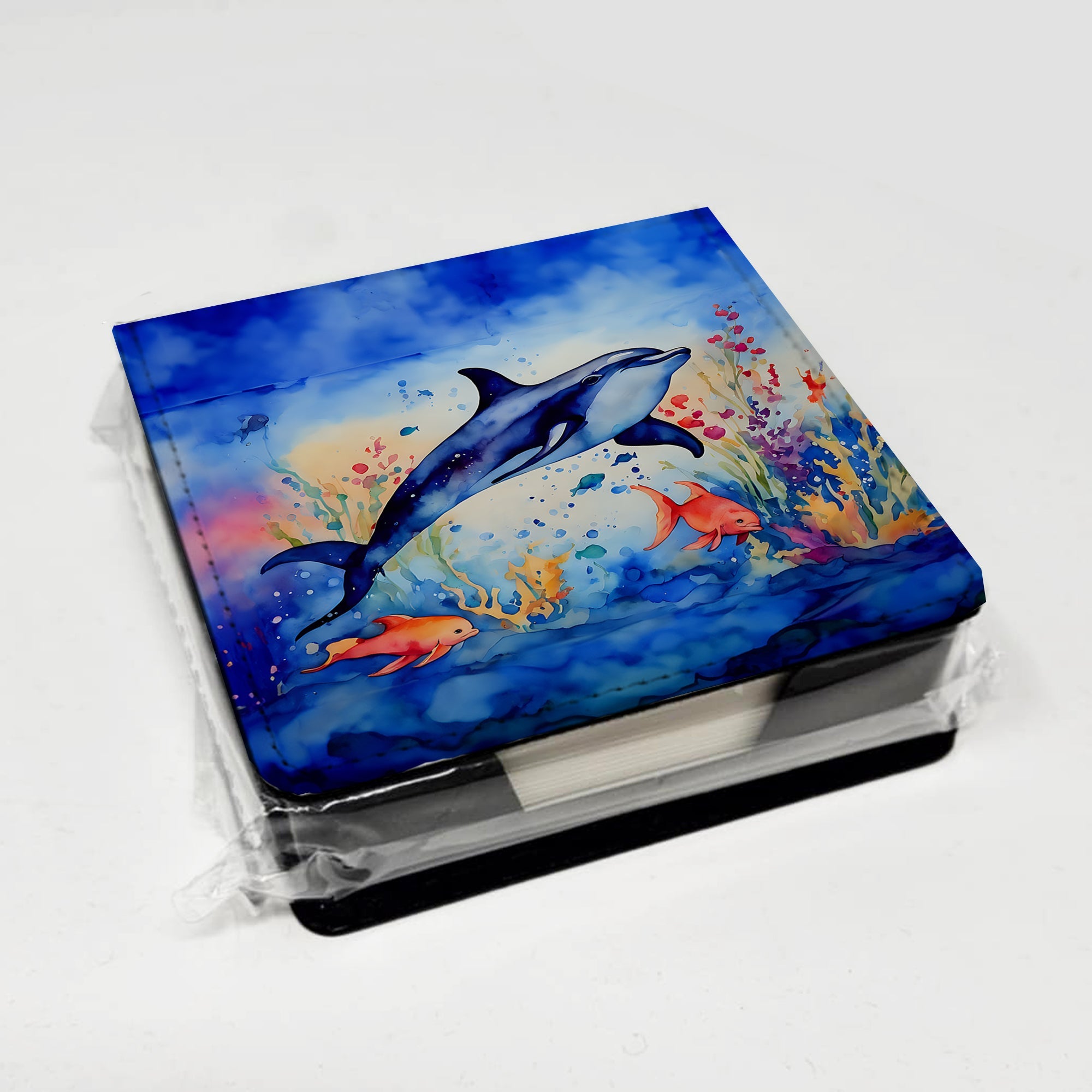 Dolphin PU Leather Note Paper Holder with Artist-Designed Cover, Desk Accessory, Office Gift