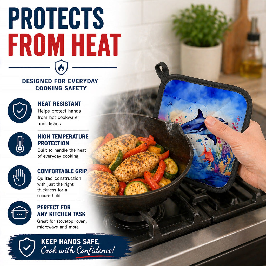 Dolphin Pot Holder Set of 2 Heat Resistant Quilted Hot Pads 7.5 x 7.5 Inch, Insulated Kitchen Trivets for Cooking & Baking