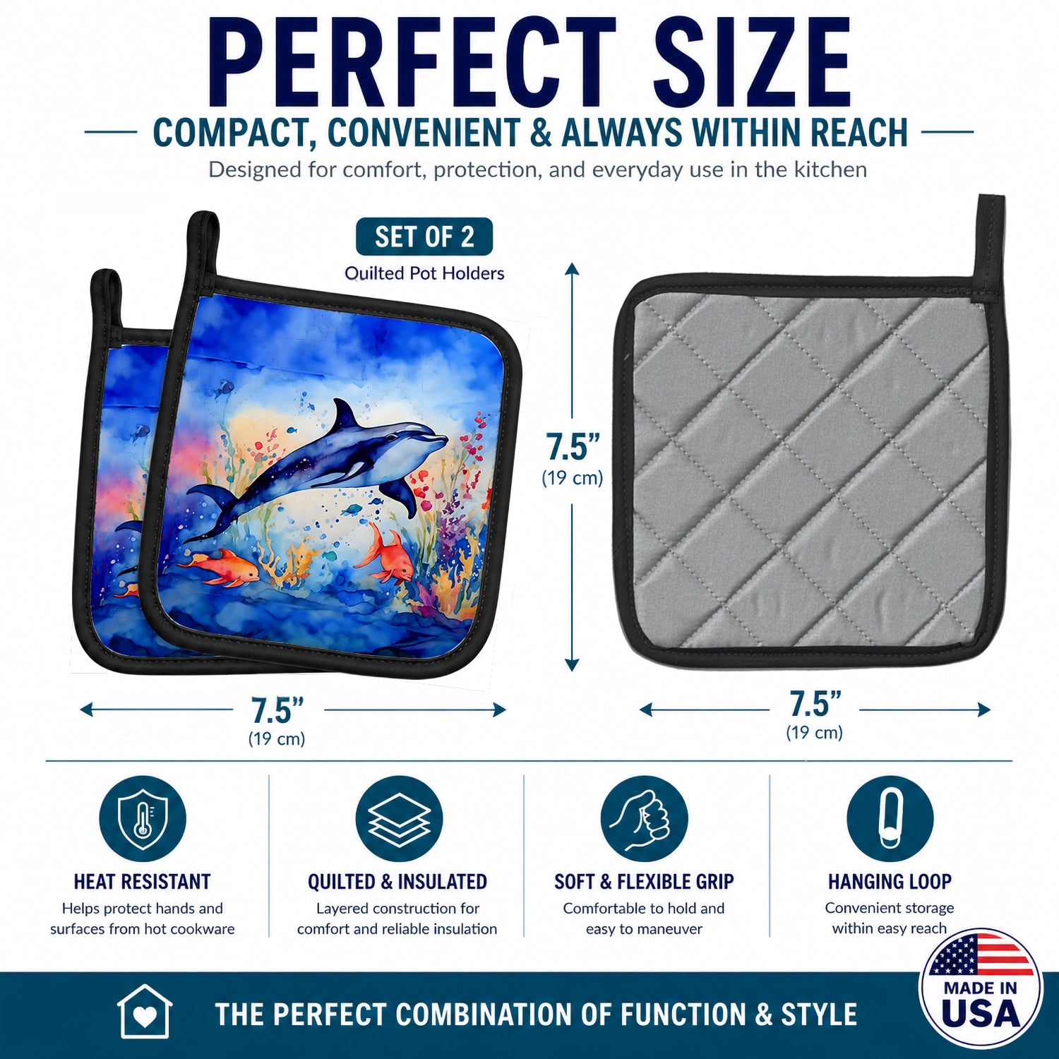 Dolphin Pot Holder Set of 2 Heat Resistant Quilted Hot Pads 7.5 x 7.5 Inch, Insulated Kitchen Trivets for Cooking & Baking