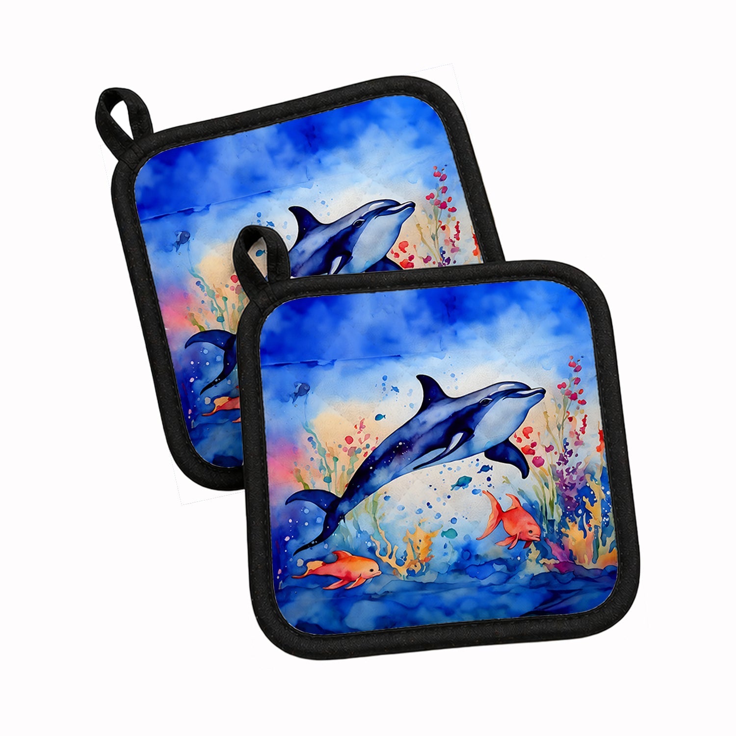 Dolphin Pot Holder Set of 2 Heat Resistant Quilted Hot Pads 7.5 x 7.5 Inch, Insulated Kitchen Trivets for Cooking & Baking