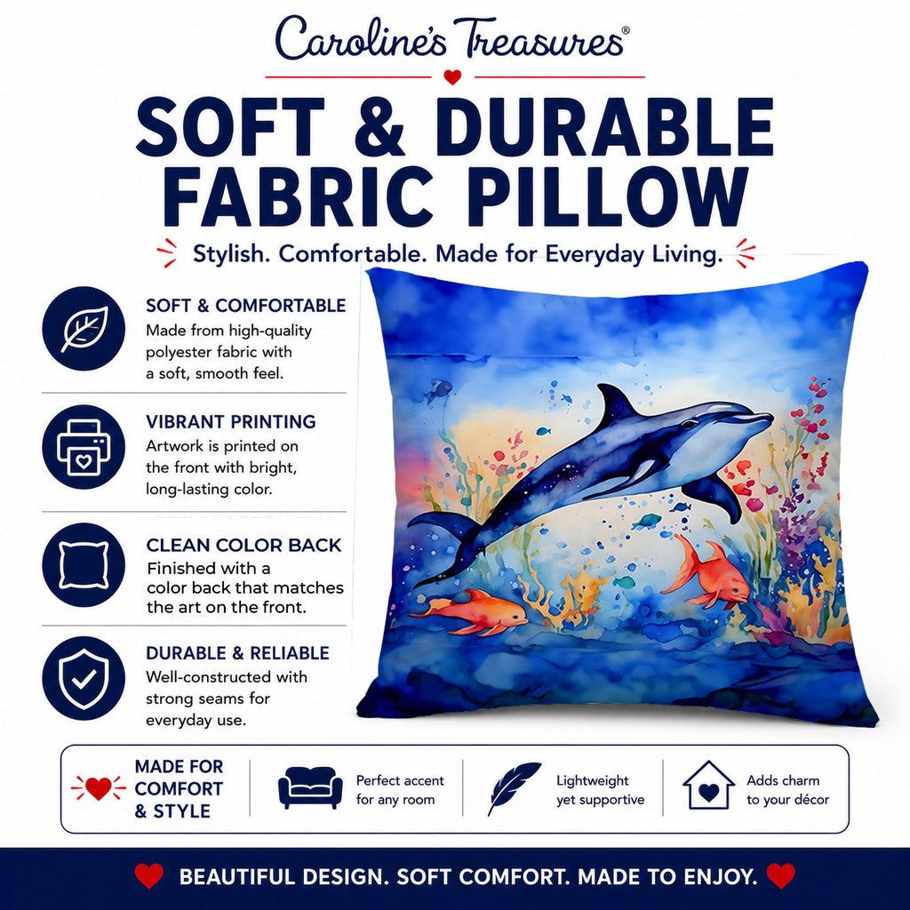 Dolphin Decorative Throw Pillow 14x14 Indoor Outdoor Accent Cushion, Fabric Cover with Insert for Sofa, Bed, Porch & Living Room