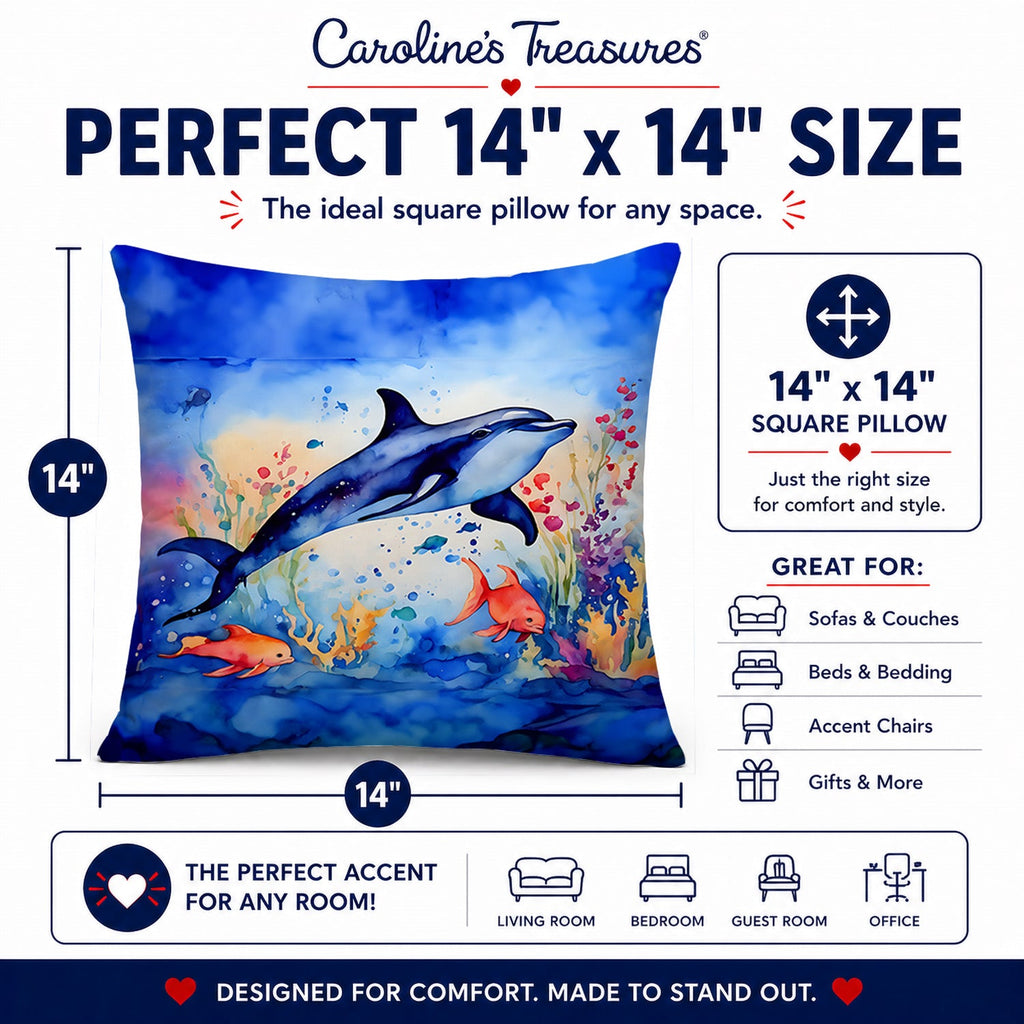 Dolphin Decorative Throw Pillow 14x14 Indoor Outdoor Accent Cushion, Fabric Cover with Insert for Sofa, Bed, Porch & Living Room