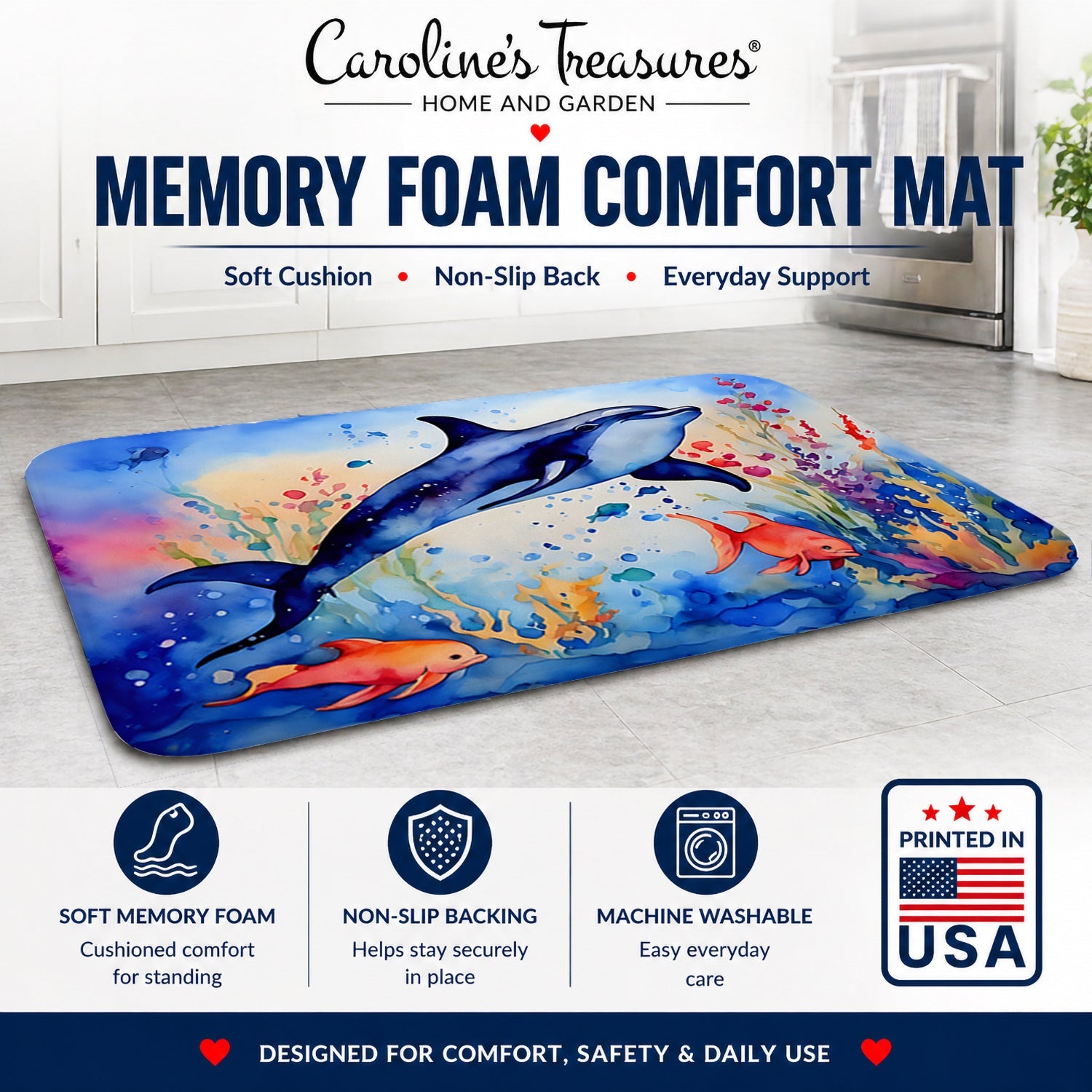 Dolphin Memory Foam Kitchen Mat Machine Washable Anti-Fatigue Cushion Comfort Bath or Kitchen Rug