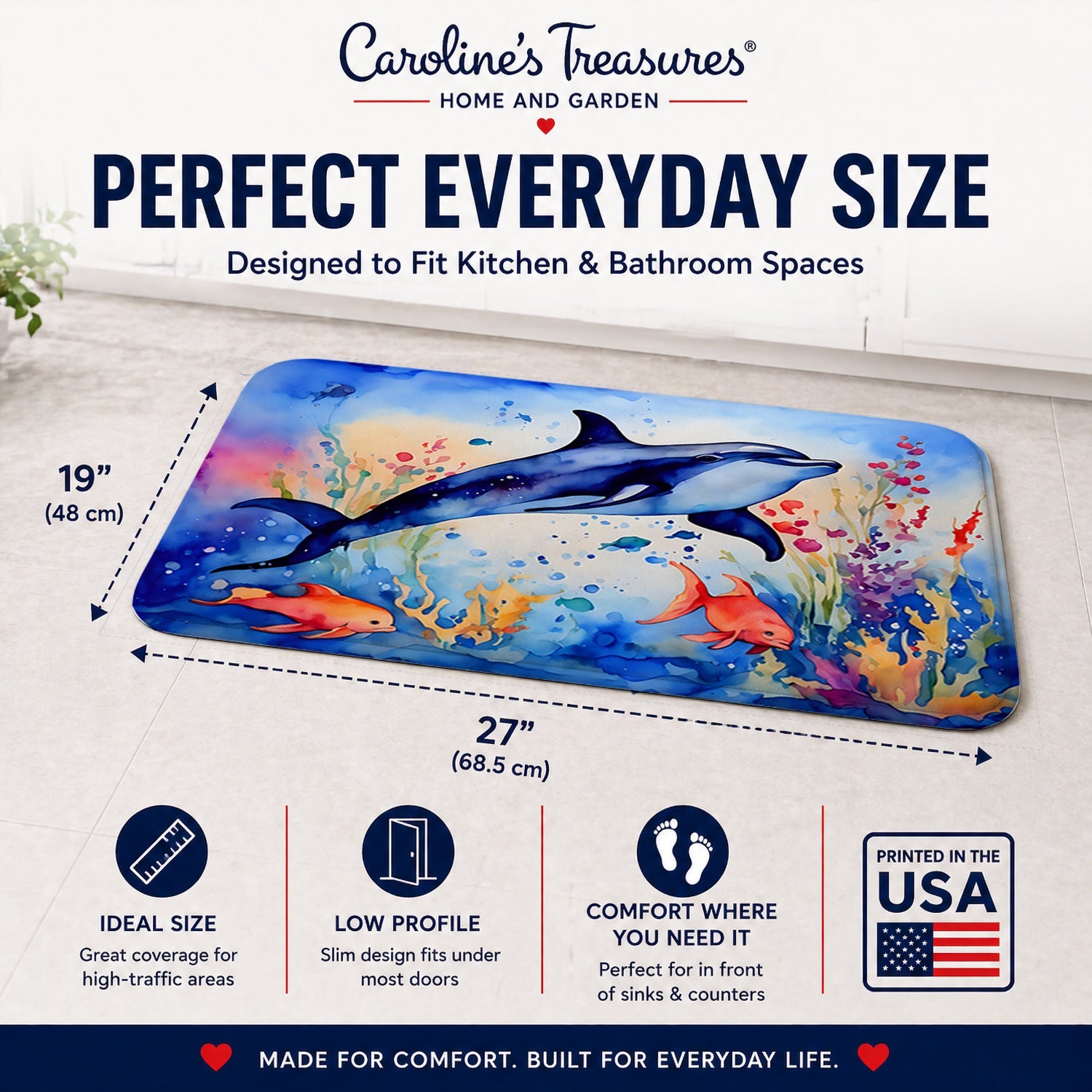 Dolphin Memory Foam Kitchen Mat Machine Washable Anti-Fatigue Cushion Comfort Bath or Kitchen Rug