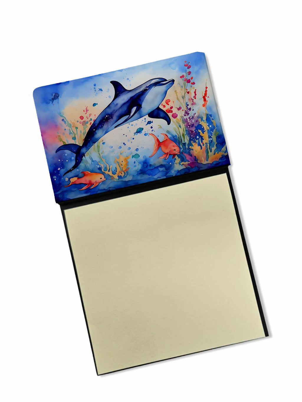 Dolphin Watercolor Sticky Note Holder Refillable Dispenser Desk Accessory 3x3 Pad Gift
