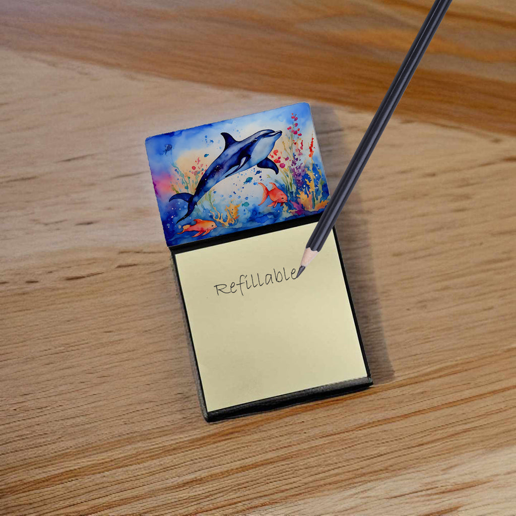 Dolphin Watercolor Sticky Note Holder Refillable Dispenser Desk Accessory 3x3 Pad Gift