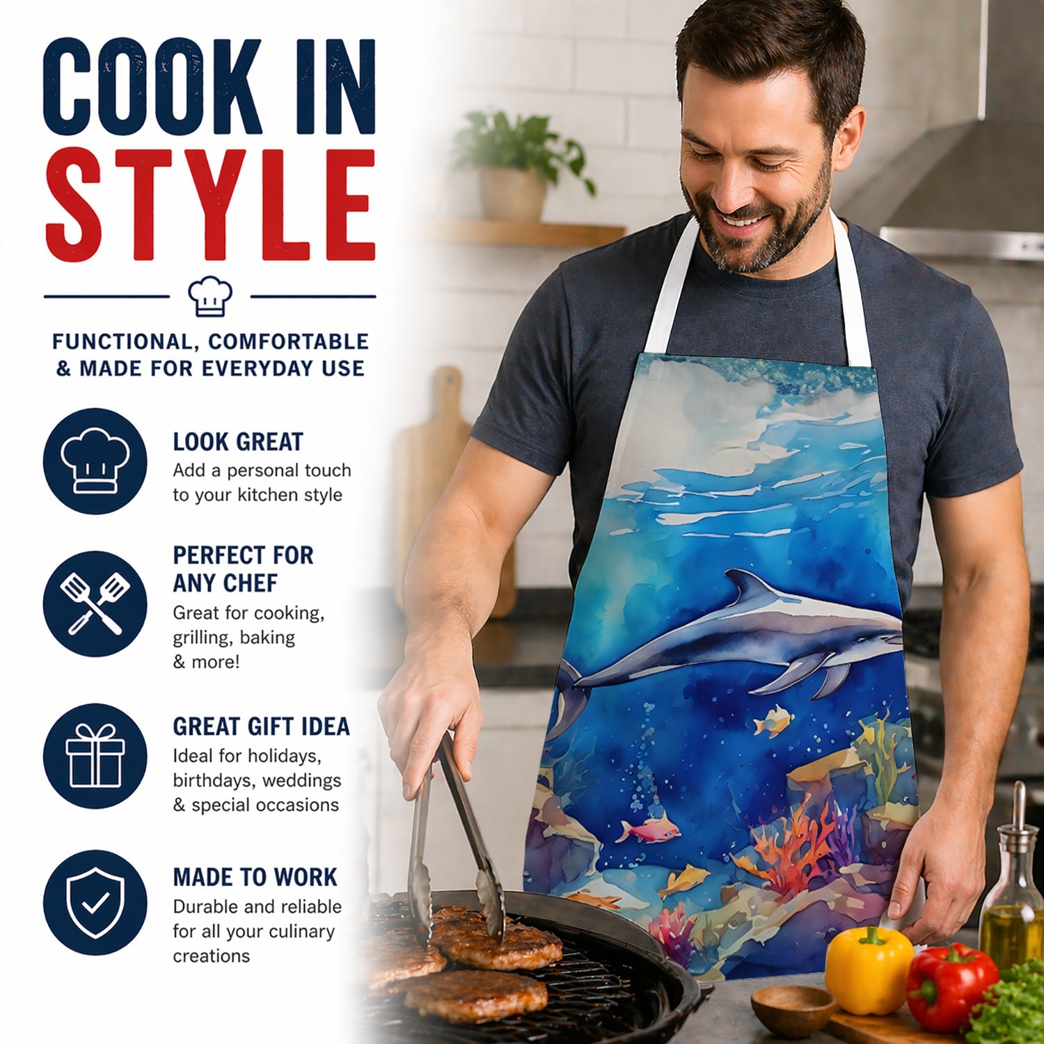 Dolphin Apron Cooking Kitchen Server Baking Crafts Gardening for Adult Women Men, Unisex, Large, Multicolor