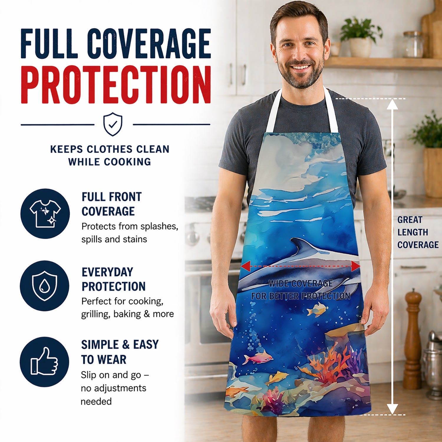 Dolphin Apron Cooking Kitchen Server Baking Crafts Gardening for Adult Women Men, Unisex, Large, Multicolor