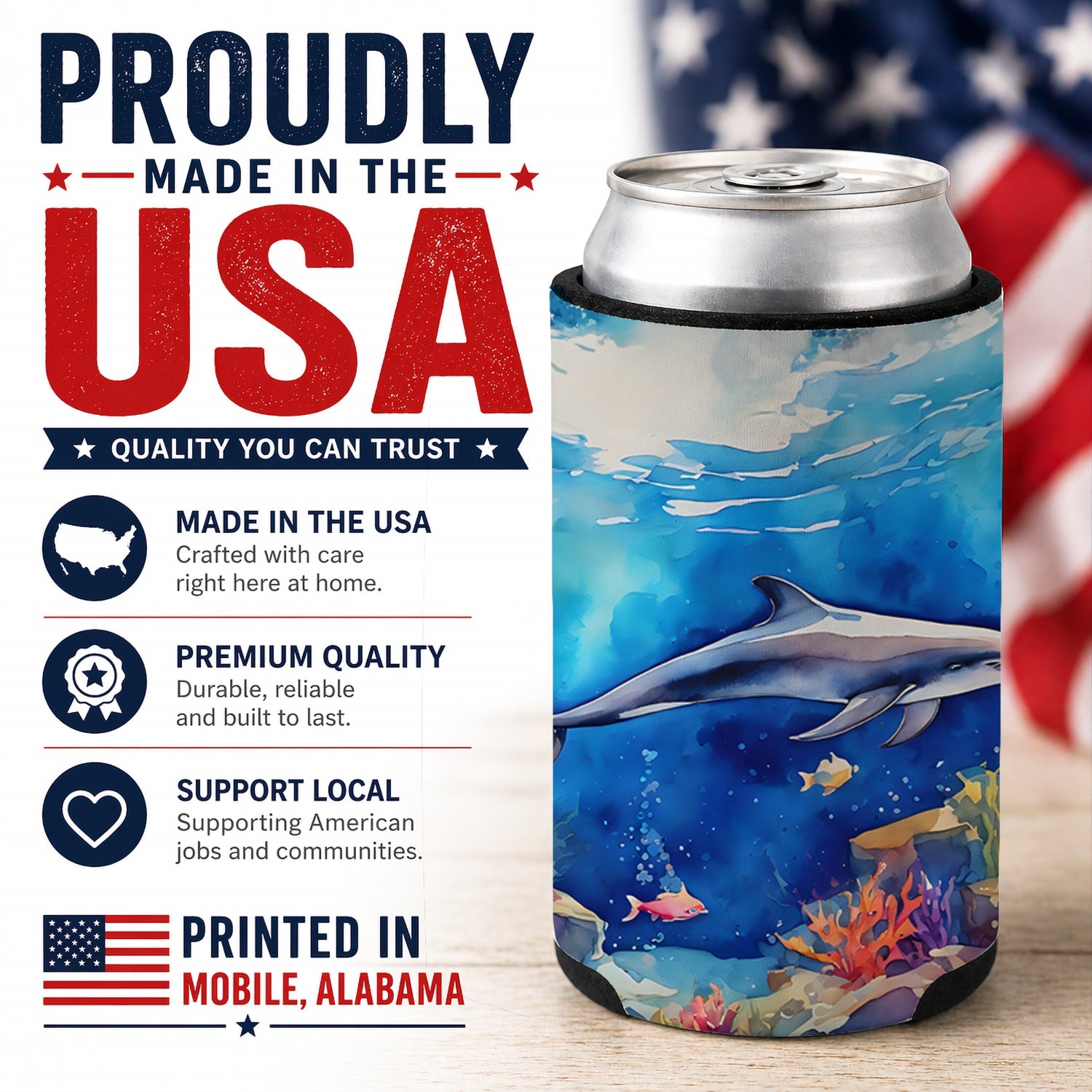 Dolphin Can or Bottle Hugger Cooler Sleeve for Standard 12 oz Cans, Insulated Foam Beer & Soda Can Hugger Reusable