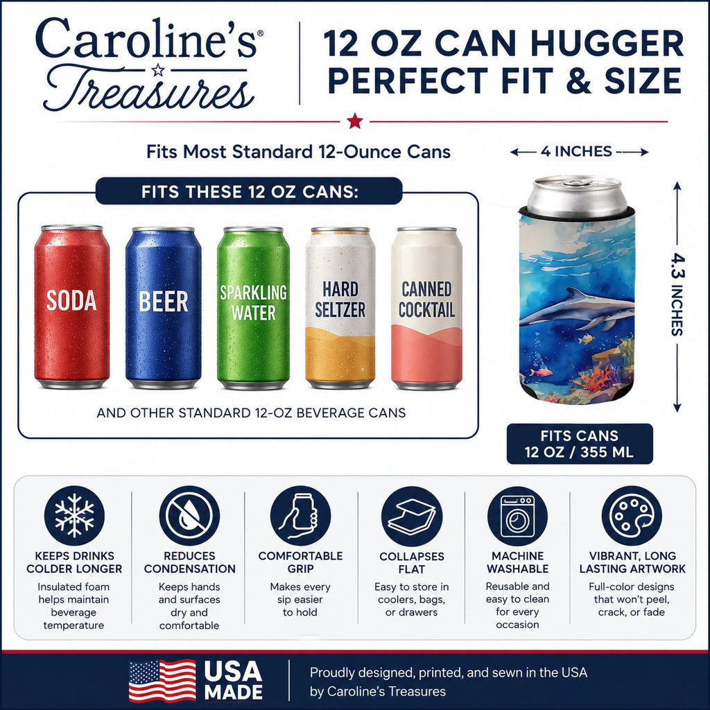 Dolphin Can or Bottle Hugger Cooler Sleeve for Standard 12 oz Cans, Insulated Foam Beer & Soda Can Hugger Reusable