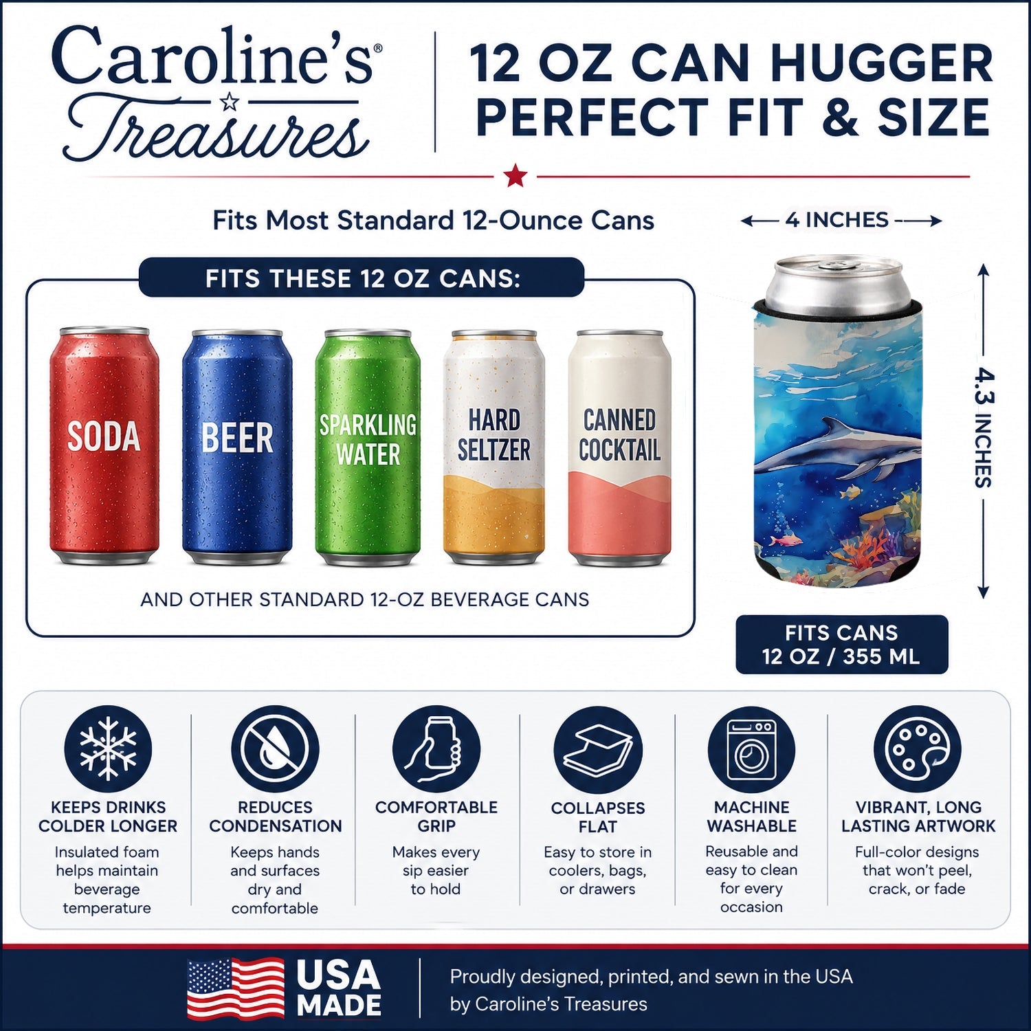 Dolphin Can or Bottle Hugger Cooler Sleeve for Standard 12 oz Cans, Insulated Foam Beer & Soda Can Hugger Reusable