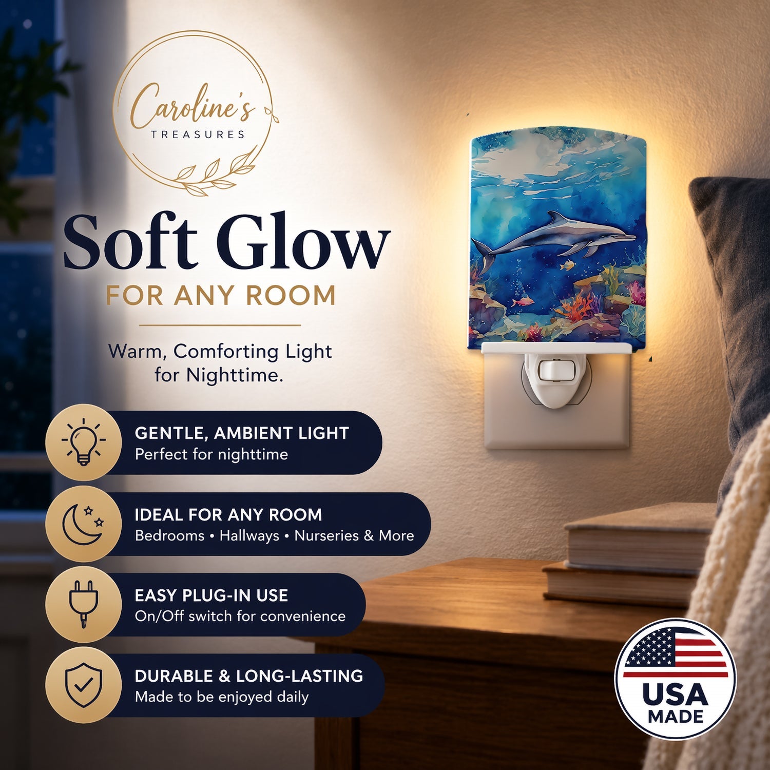 Dolphin Ceramic Night Light Compact, UL-Certified, Ideal for Bedroom, Bathroom, Nursery, Hallway, Kitchen, 6x4x3, Multicolor