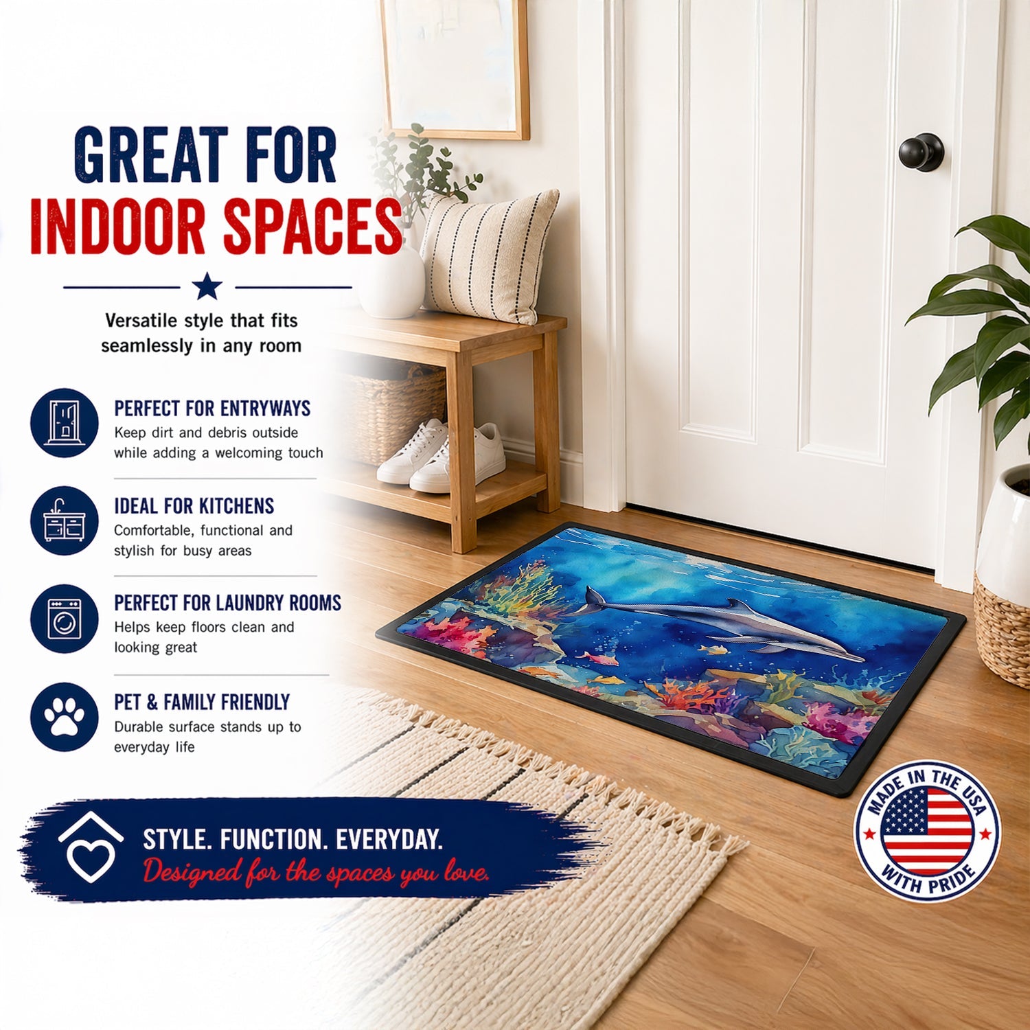 Dolphin Doormat Indoor Outdoor 24H X 36W Front Door Mat Rugs for Entryway, Non Slip Washable Low Pile,