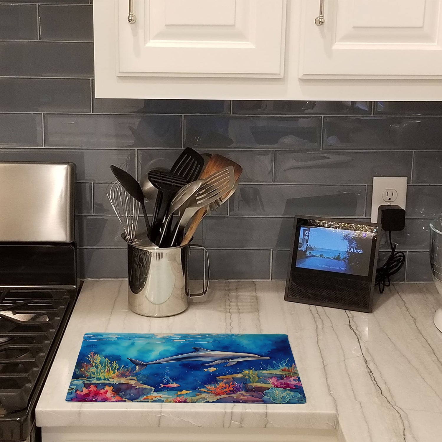Dolphin Cutting Board Tempered Glass Kitchen Cutting Surface, Heat Resistant Chopping, Non-Slip Feet, Food Prep & Serving