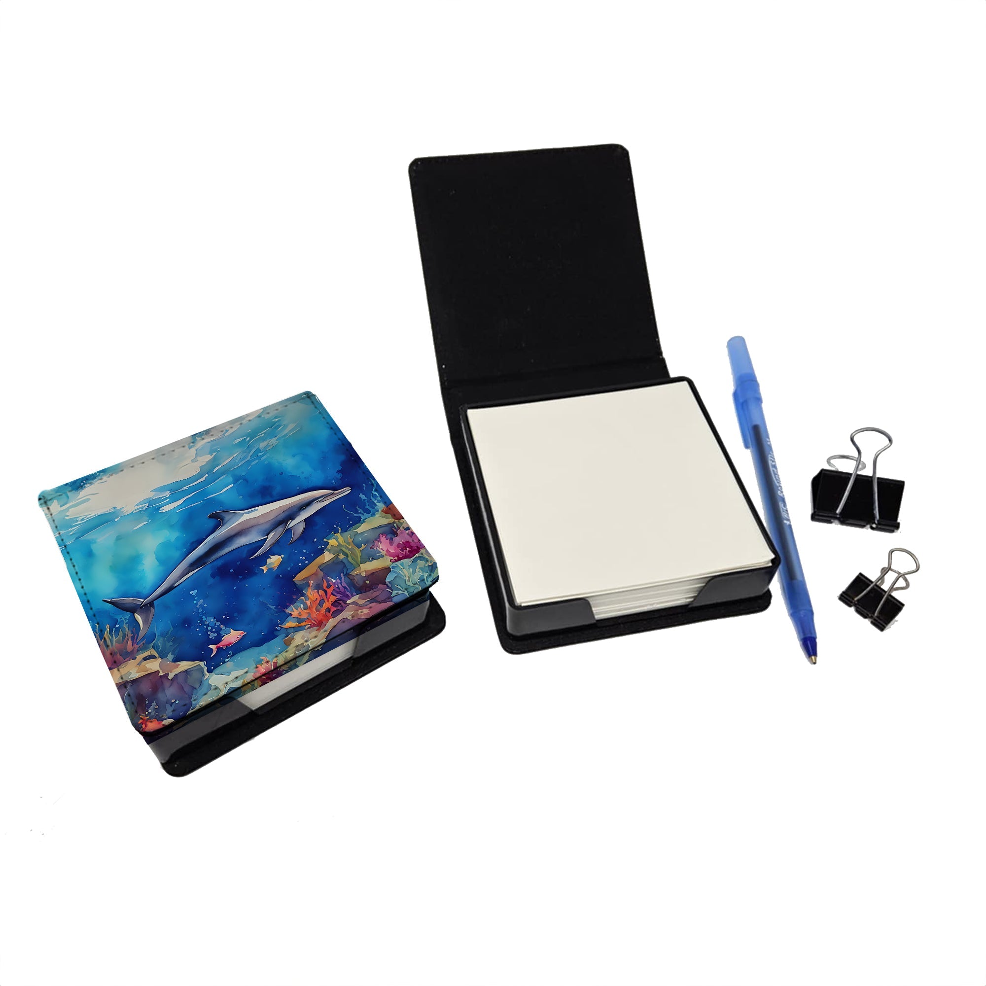 Dolphin PU Leather Note Paper Holder with Artist-Designed Cover, Desk Accessory, Office Gift