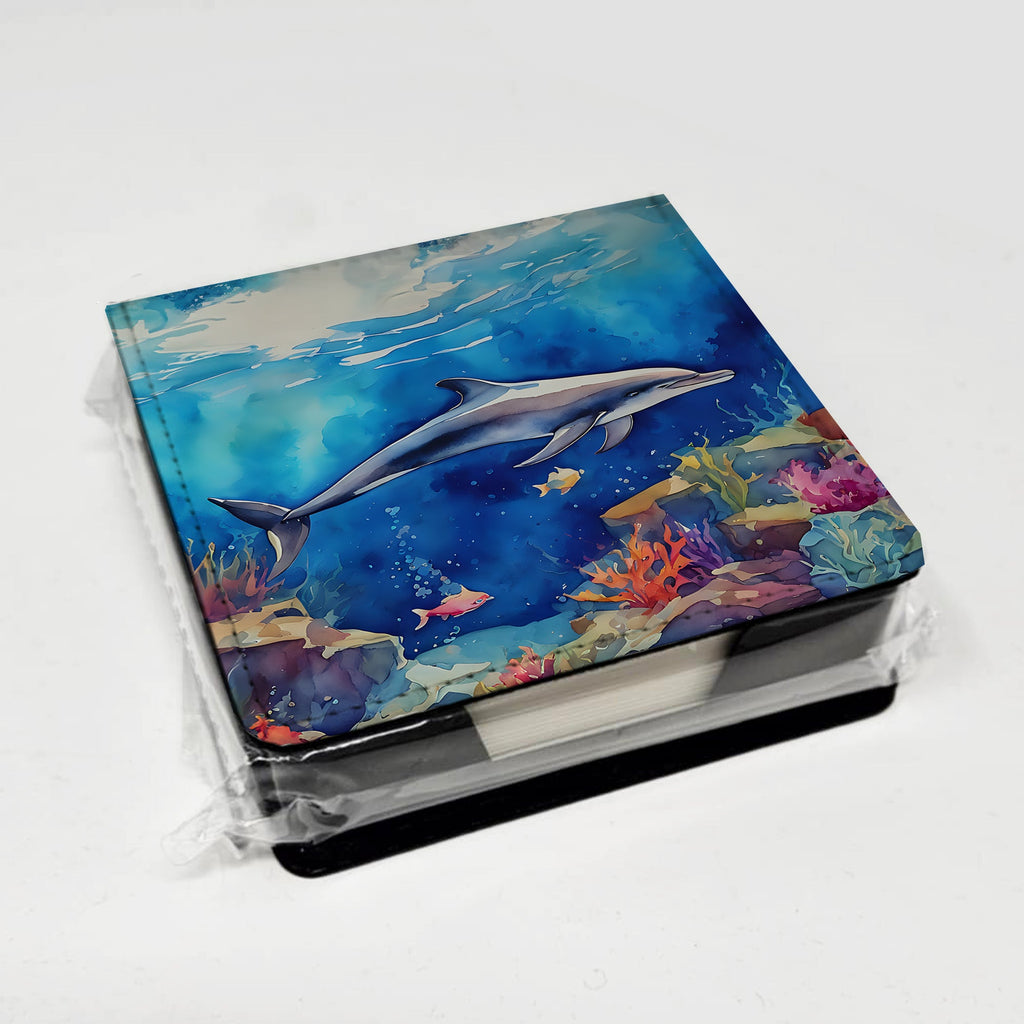 Dolphin PU Leather Note Paper Holder with Artist-Designed Cover, Desk Accessory, Office Gift