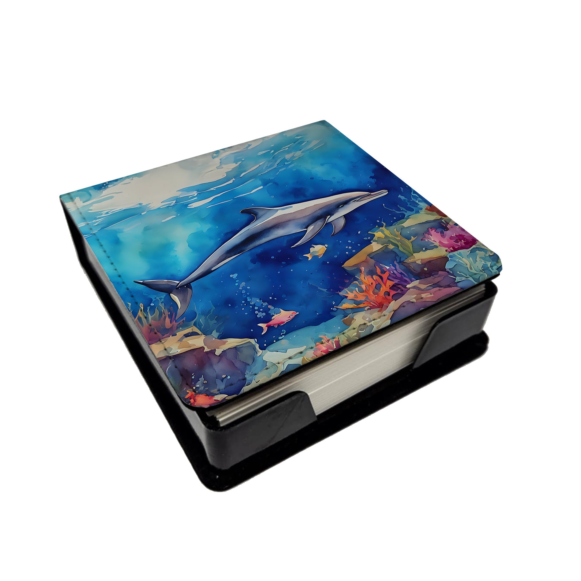 Dolphin PU Leather Note Paper Holder with Artist-Designed Cover, Desk Accessory, Office Gift