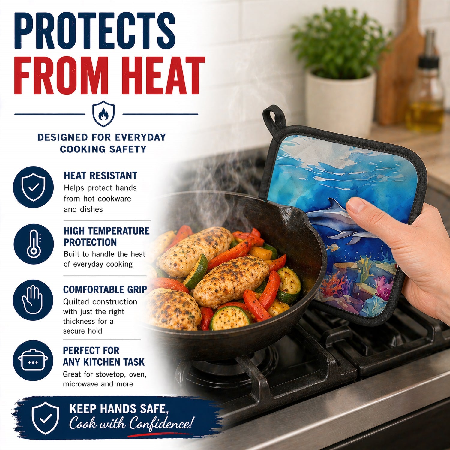 Dolphin Pot Holder Set of 2 Heat Resistant Quilted Hot Pads 7.5 x 7.5 Inch, Insulated Kitchen Trivets for Cooking & Baking