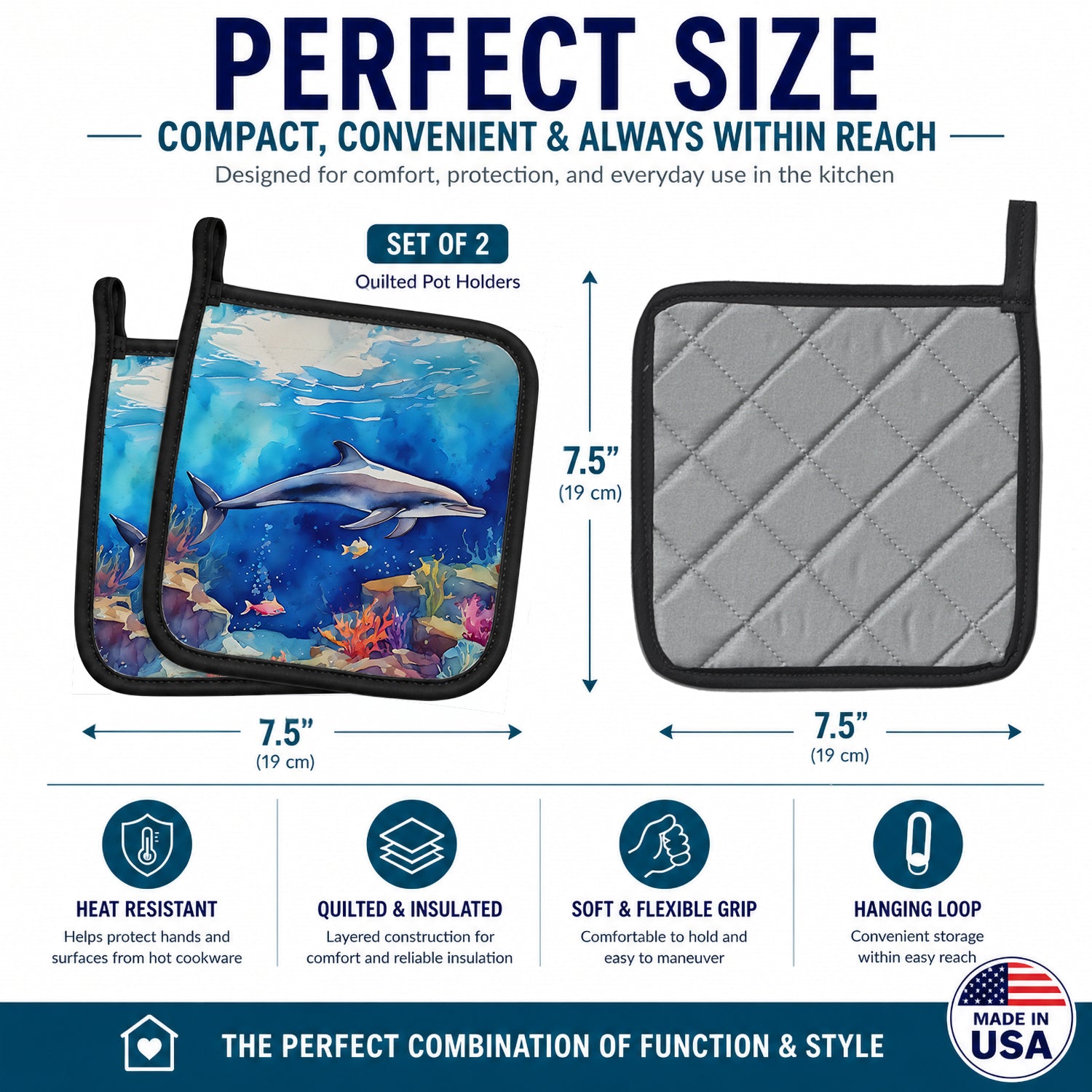 Dolphin Pot Holder Set of 2 Heat Resistant Quilted Hot Pads 7.5 x 7.5 Inch, Insulated Kitchen Trivets for Cooking & Baking