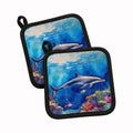 Dolphin Pot Holder Set of 2 Heat Resistant Quilted Hot Pads 7.5 x 7.5 Inch, Insulated Kitchen Trivets for Cooking & Baking