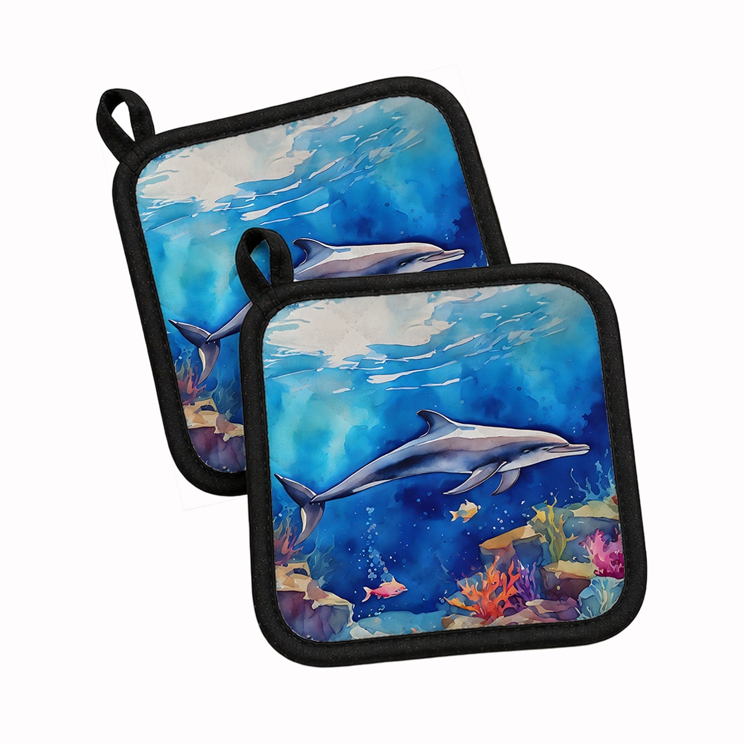 Dolphin Pot Holder Set of 2 Heat Resistant Quilted Hot Pads 7.5 x 7.5 Inch, Insulated Kitchen Trivets for Cooking & Baking