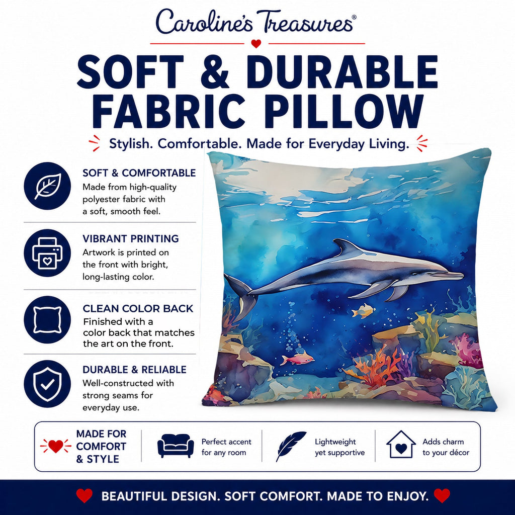 Dolphin Decorative Throw Pillow 14x14 Indoor Outdoor Accent Cushion, Fabric Cover with Insert for Sofa, Bed, Porch & Living Room
