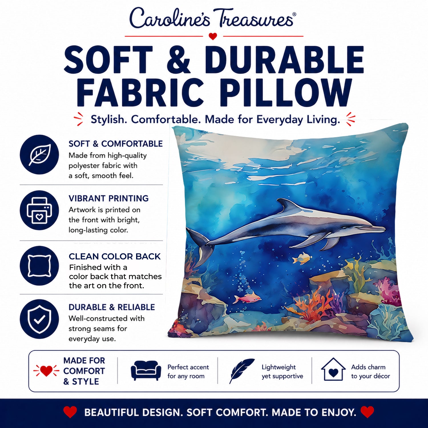 Dolphin Decorative Throw Pillow 14x14 Indoor Outdoor Accent Cushion, Fabric Cover with Insert for Sofa, Bed, Porch & Living Room