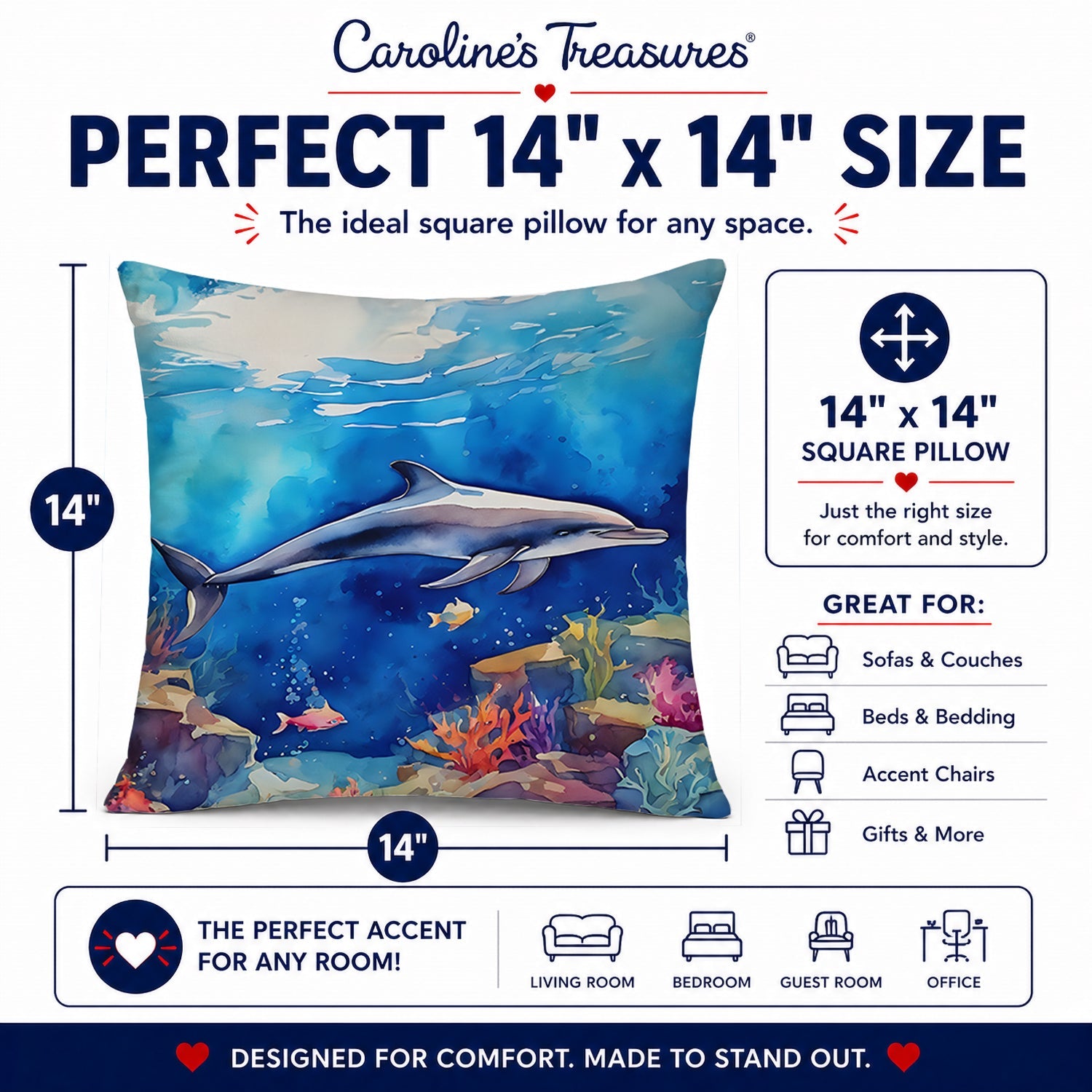 Dolphin Decorative Throw Pillow 14x14 Indoor Outdoor Accent Cushion, Fabric Cover with Insert for Sofa, Bed, Porch & Living Room