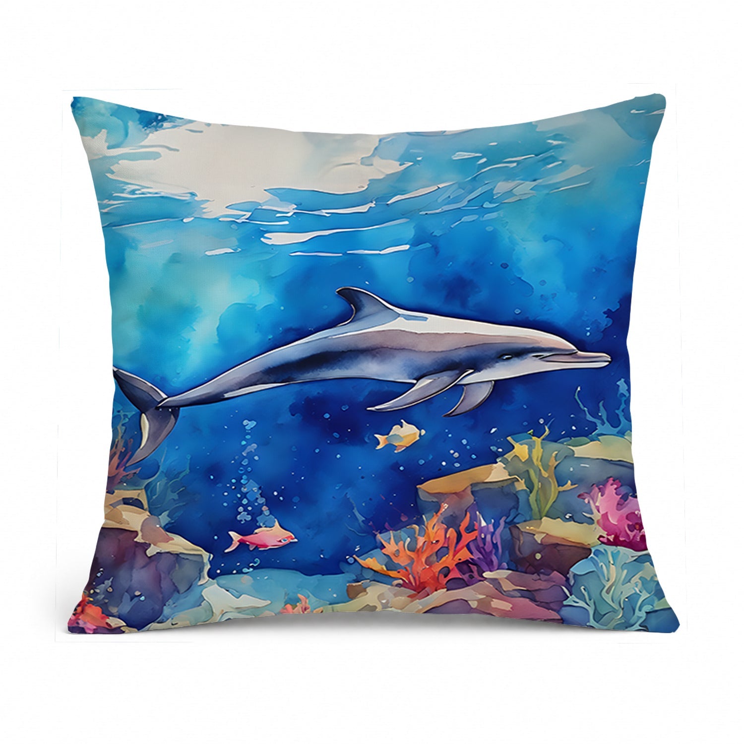 Dolphin Decorative Throw Pillow 14x14 Indoor Outdoor Accent Cushion, Fabric Cover with Insert for Sofa, Bed, Porch & Living Room