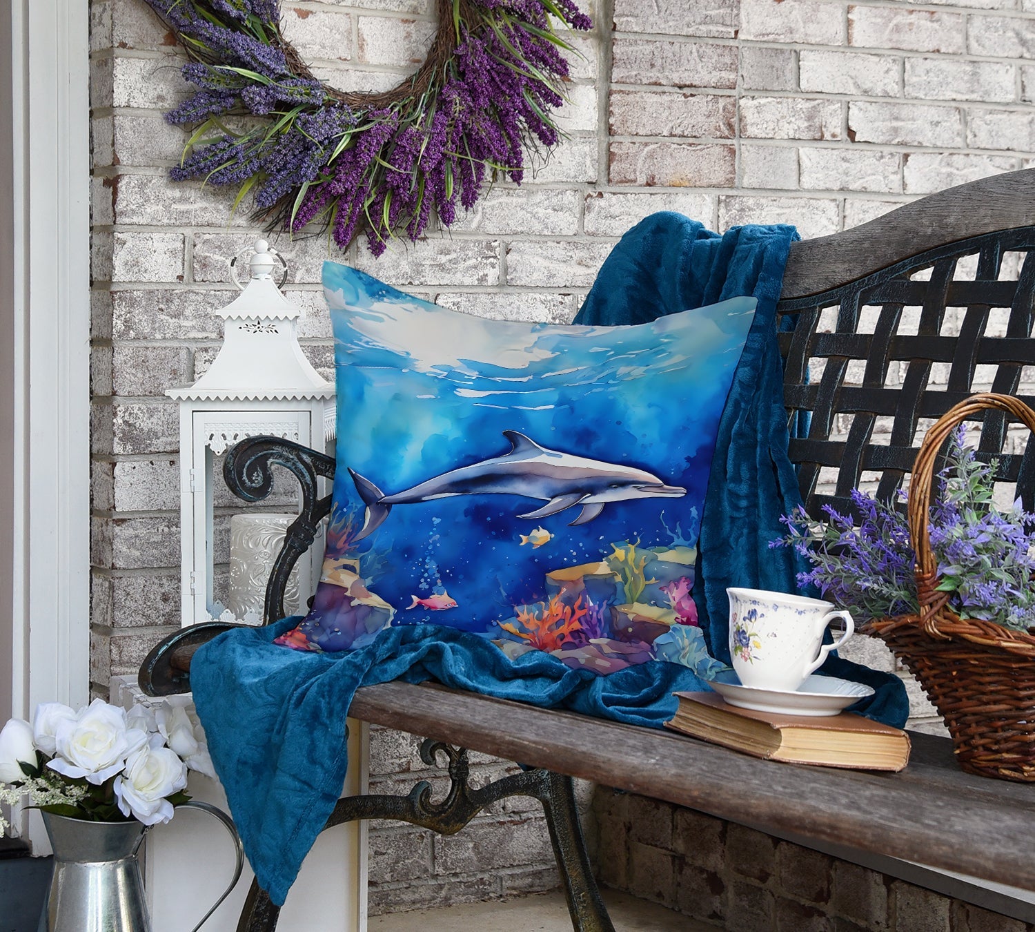 Dolphin Decorative Throw Pillow 18x18 Indoor Outdoor Accent Cushion, Fabric Cover with Insert for Sofa, Bed, Porch & Living Room