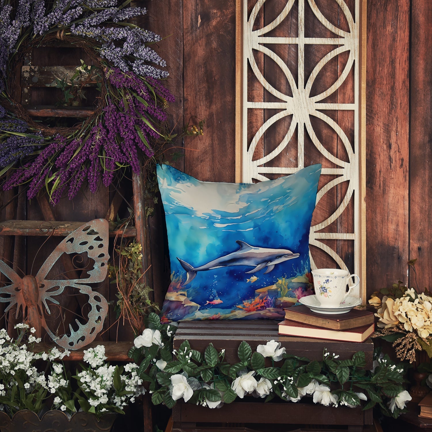 Dolphin Decorative Throw Pillow 18x18 Indoor Outdoor Accent Cushion, Fabric Cover with Insert for Sofa, Bed, Porch & Living Room