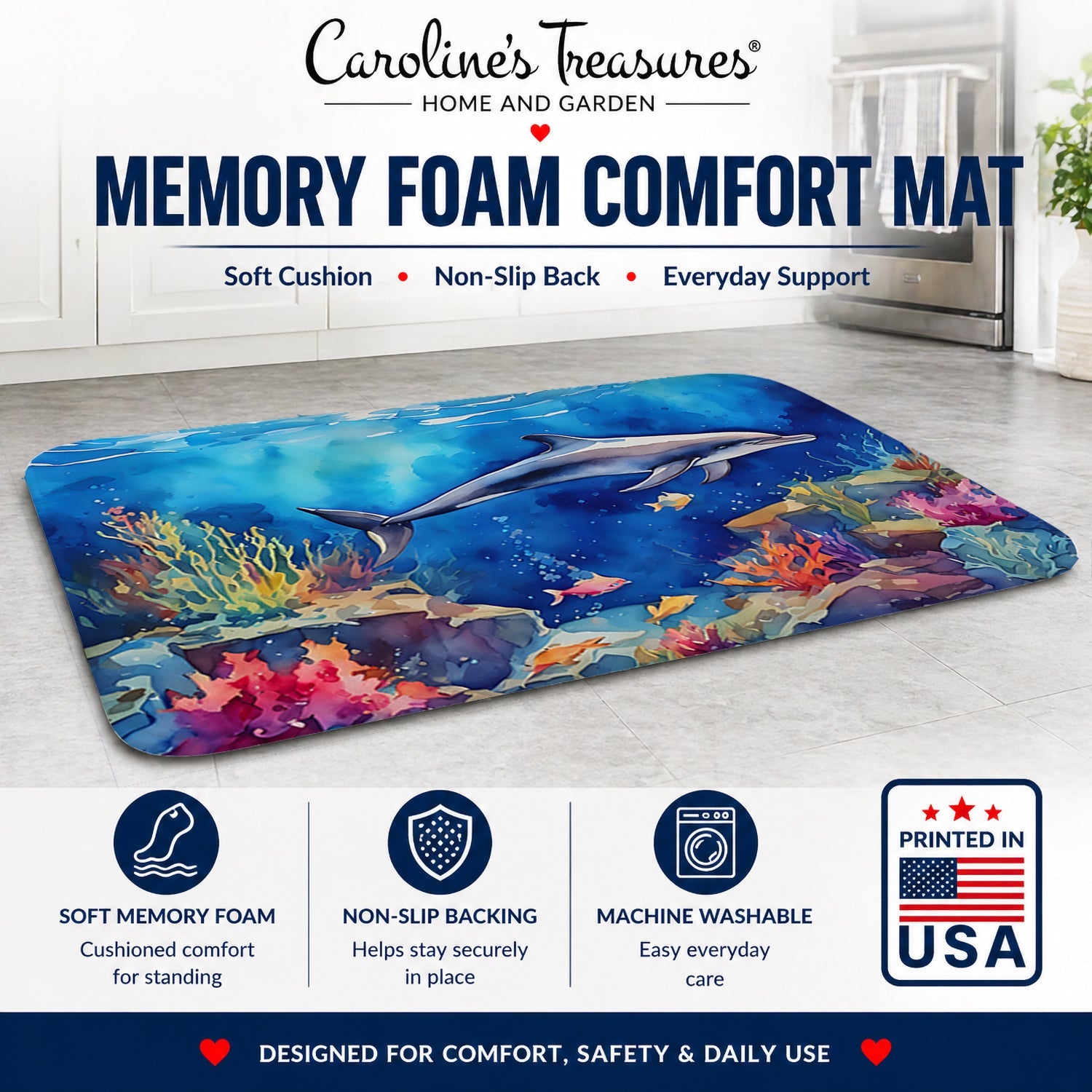 Dolphin Memory Foam Kitchen Mat Machine Washable Anti-Fatigue Cushion Comfort Bath or Kitchen Rug