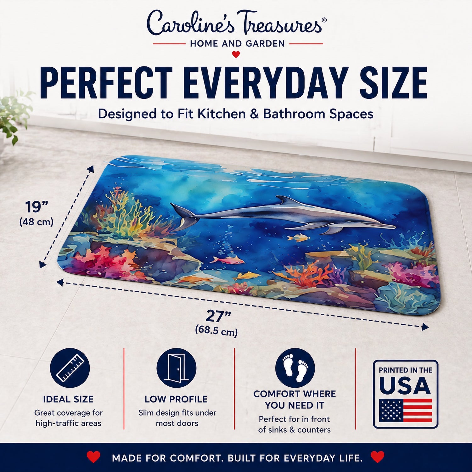 Dolphin Memory Foam Kitchen Mat Machine Washable Anti-Fatigue Cushion Comfort Bath or Kitchen Rug